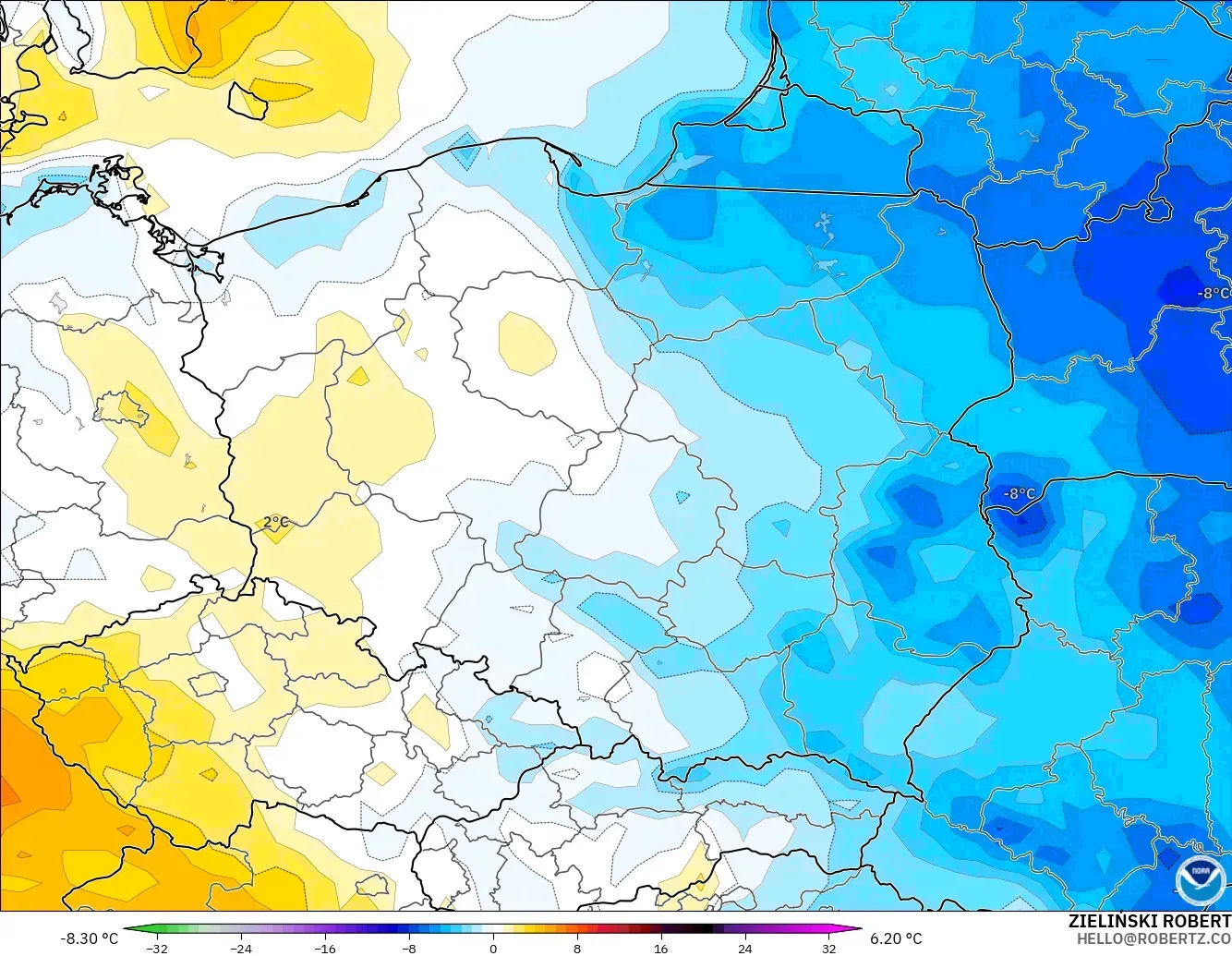 GFS modelo - Polonia, Anomalía de temperatura a 2 m