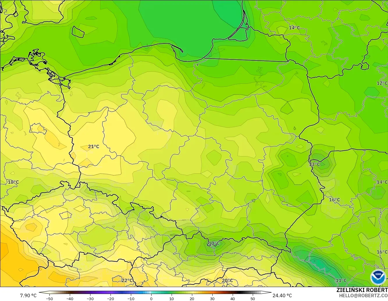 GFS modelo - Polonia, Temperatura a 2 m