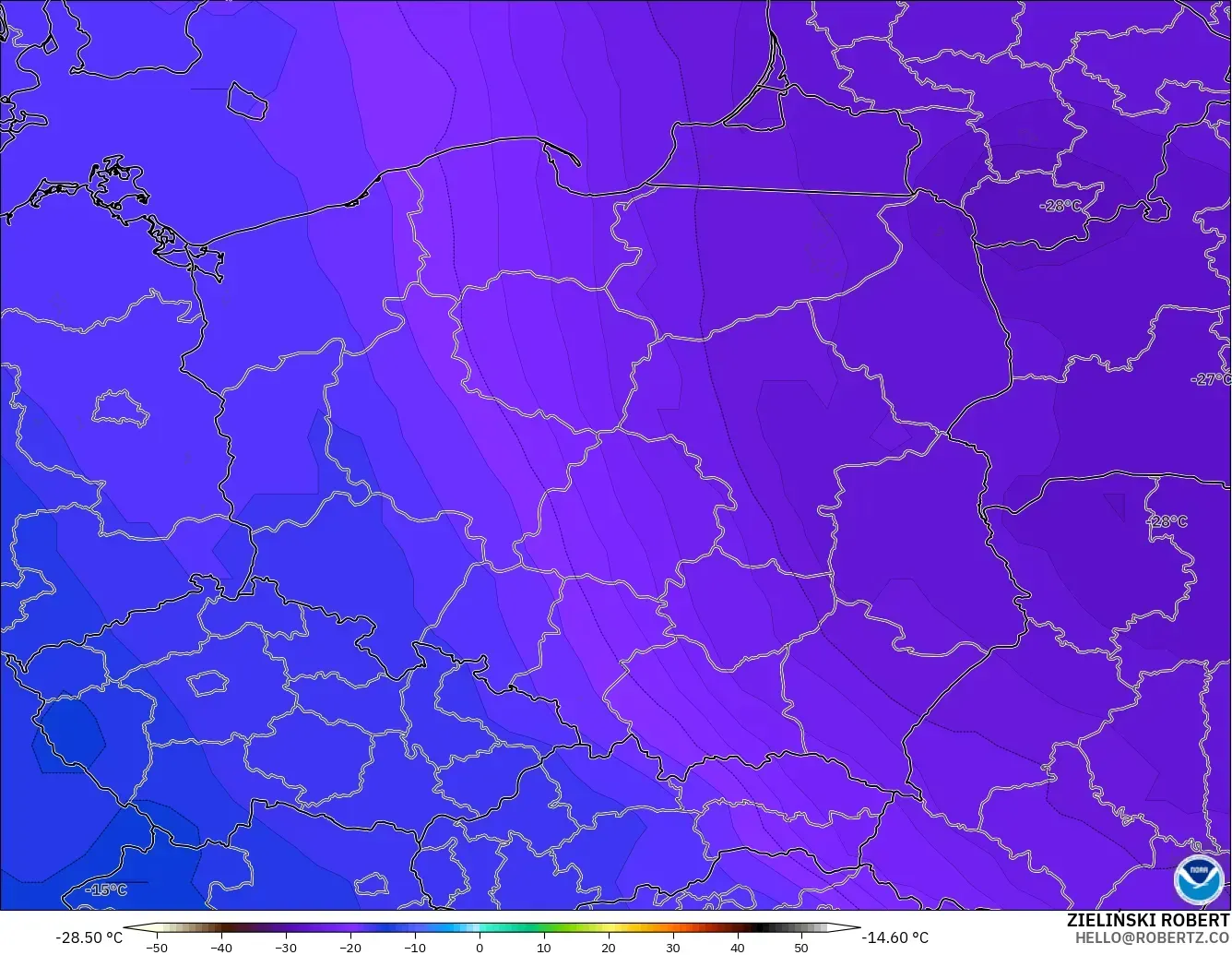 GFS modelo - Polonia, Temperatura a 500 hPa
