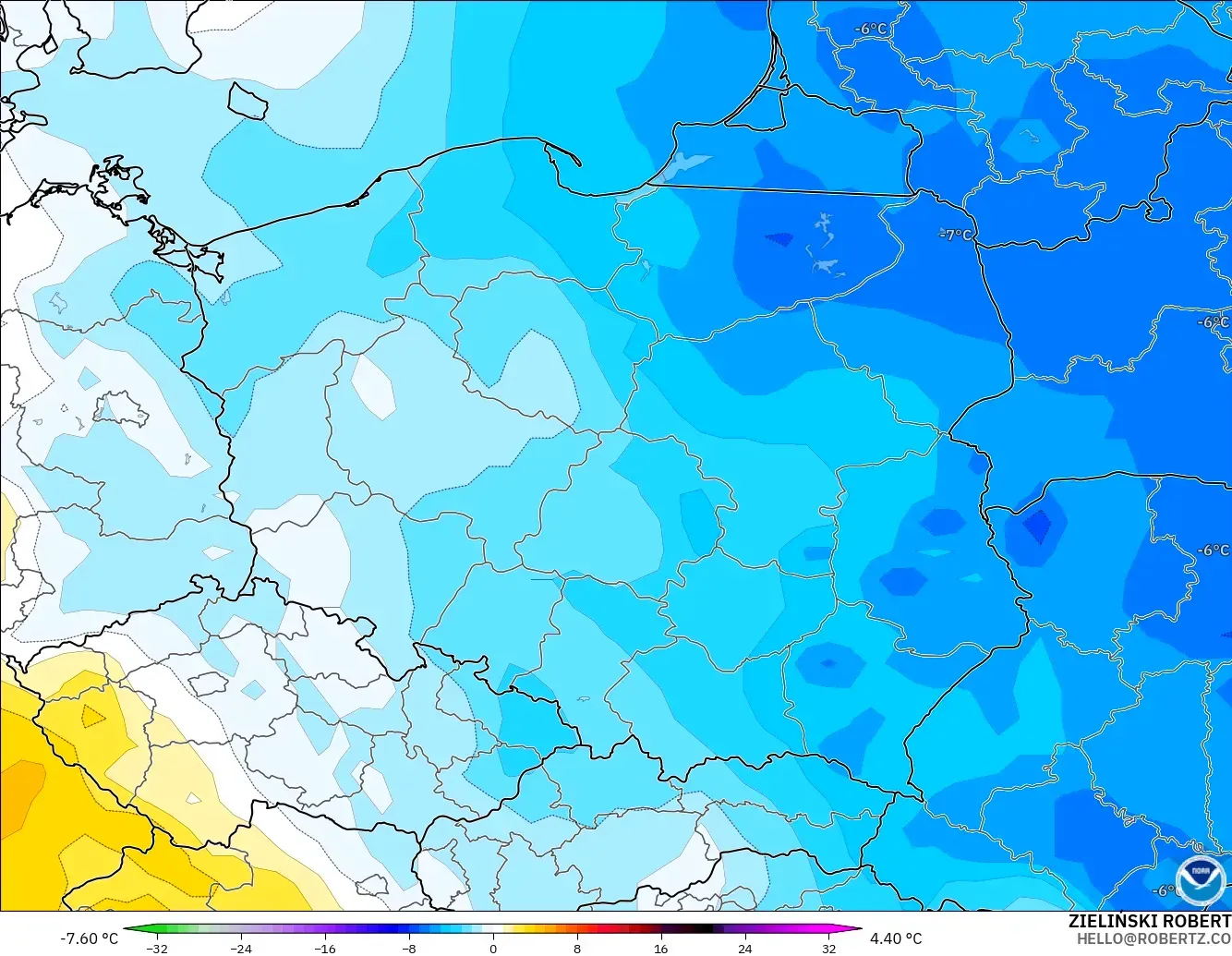 GFS modelo - Polonia, Anomalía de temperatura a 850 hPa