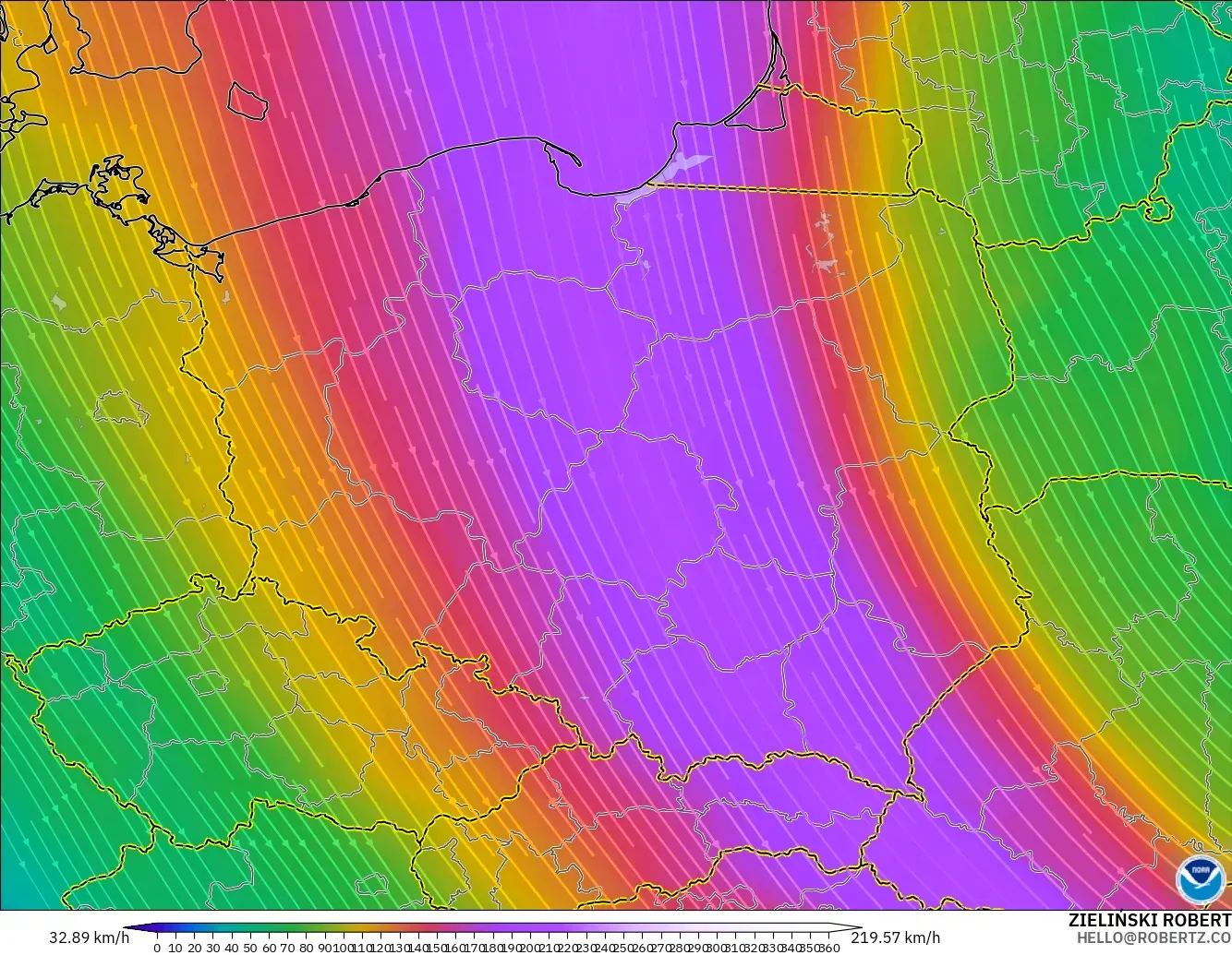 GFS modelo - Polonia, Viento a 300 hPa (corriente en chorro)