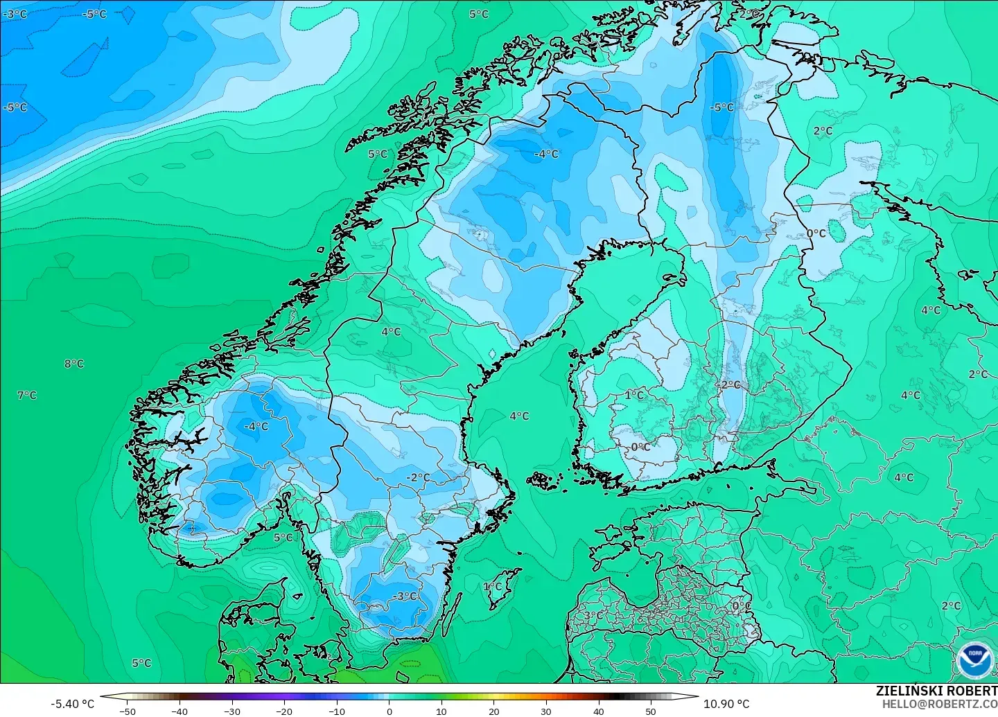GFS modelo - Escandinavia, Punto de rocío a 2 m