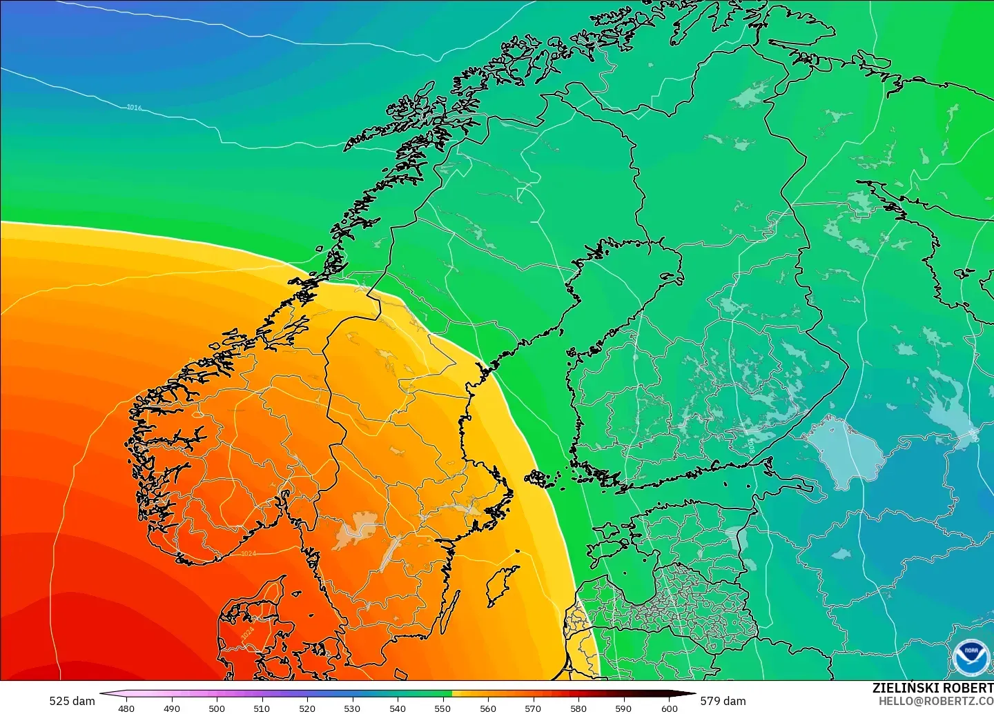 GFS modelo - Escandinavia, Altura geopotencial a 500 hPa