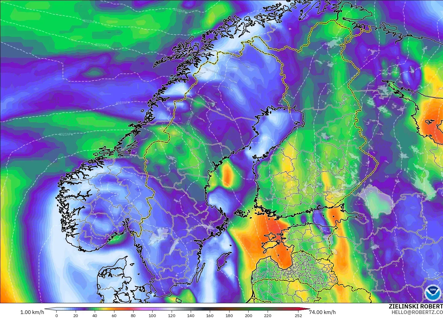 GFS modelo - Escandinavia, Ráfagas de viento
