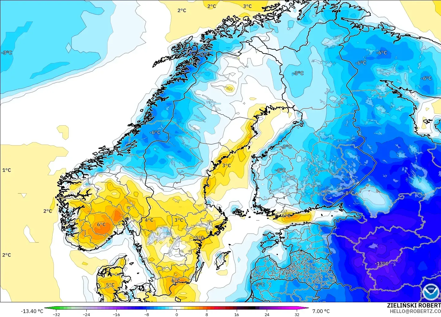 GFS modelo - Escandinavia, Anomalía de temperatura a 2 m