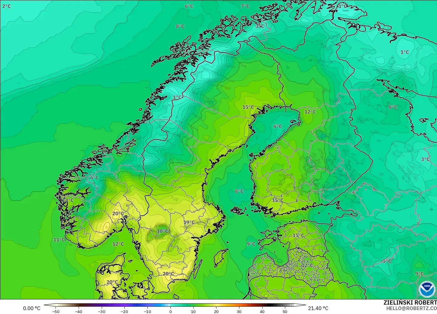 GFS modelo - Escandinavia, Temperatura a 2 m