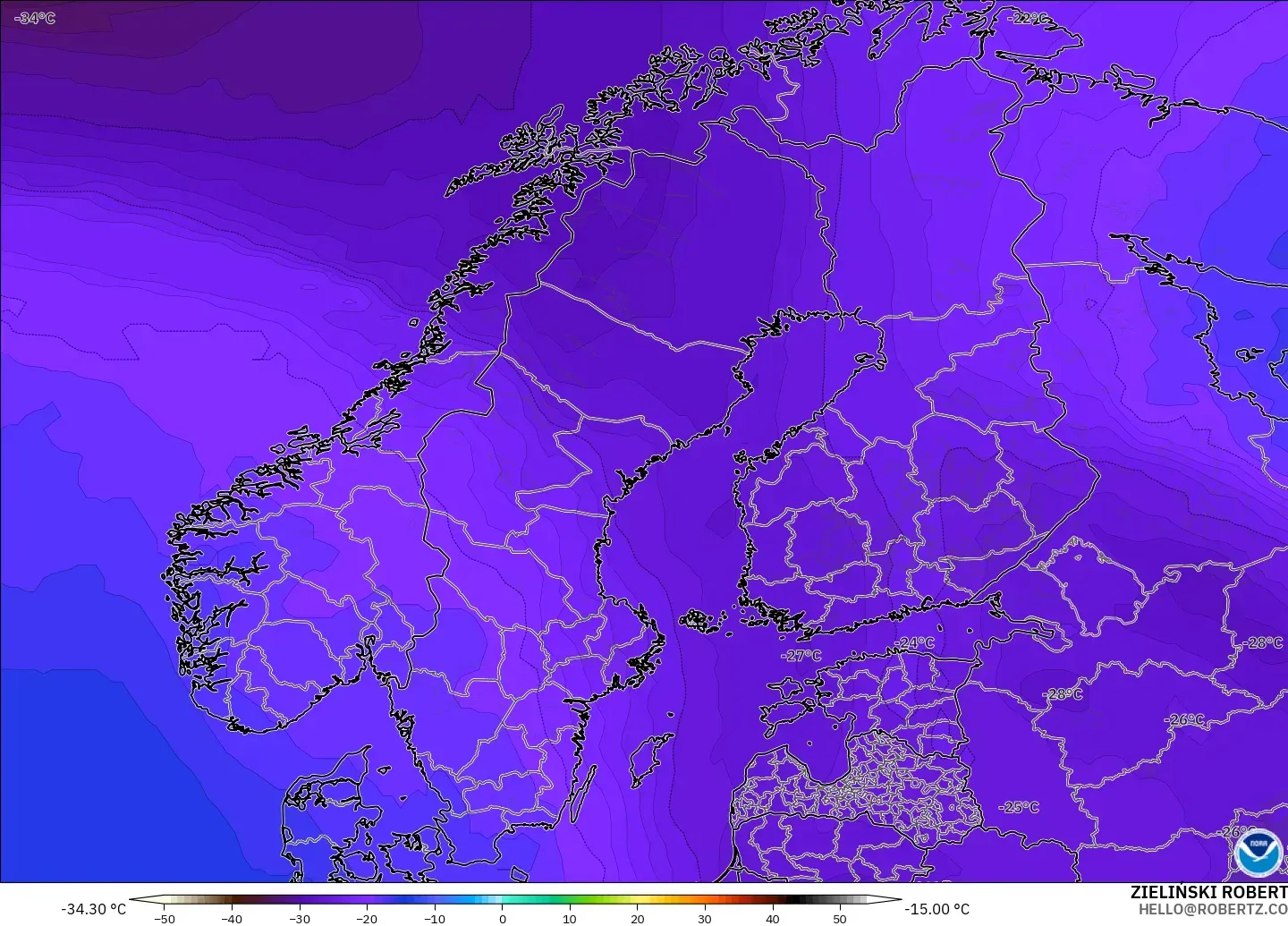 GFS modelo - Escandinavia, Temperatura a 500 hPa