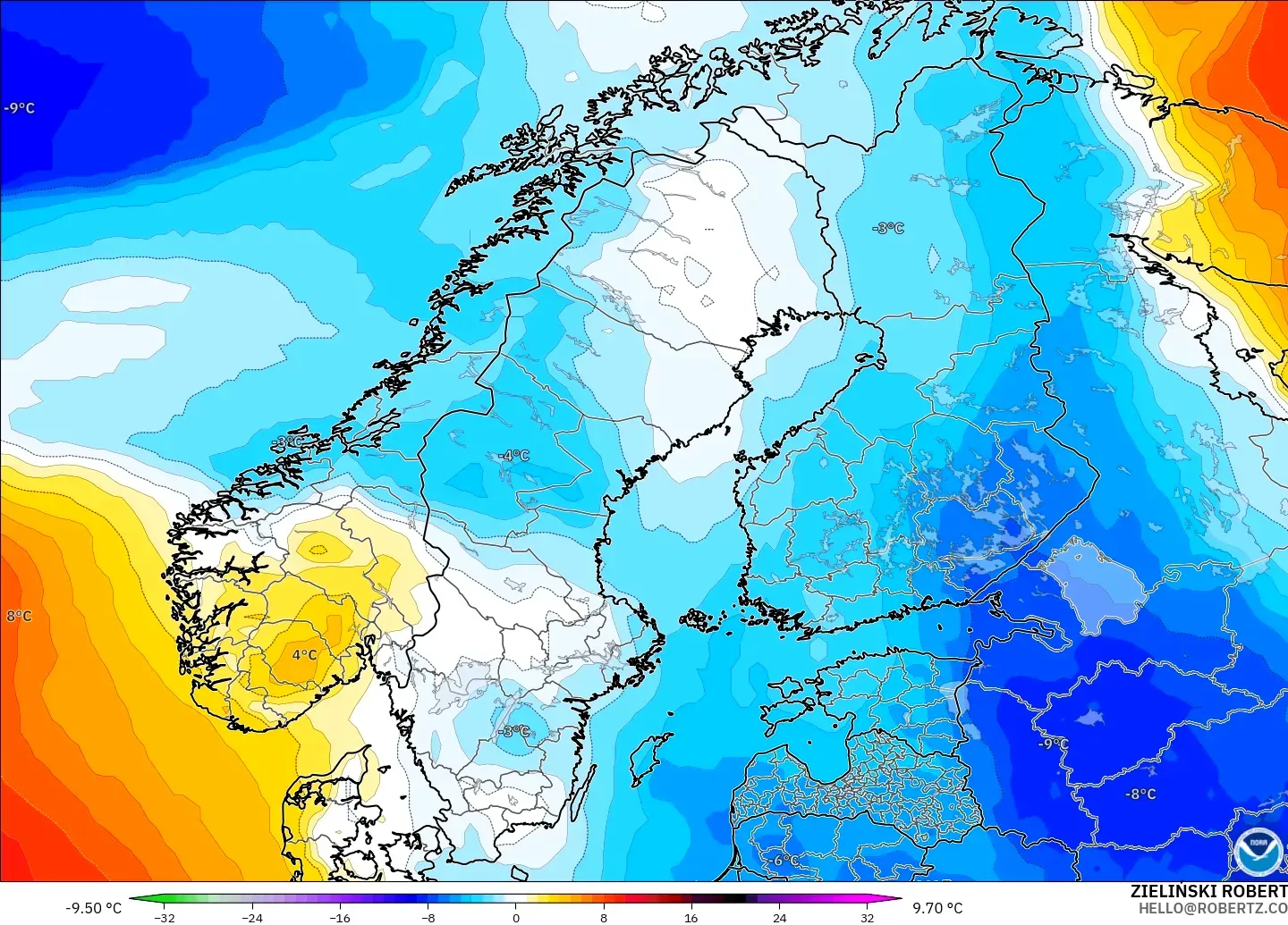GFS modelo - Escandinavia, Anomalía de temperatura a 850 hPa