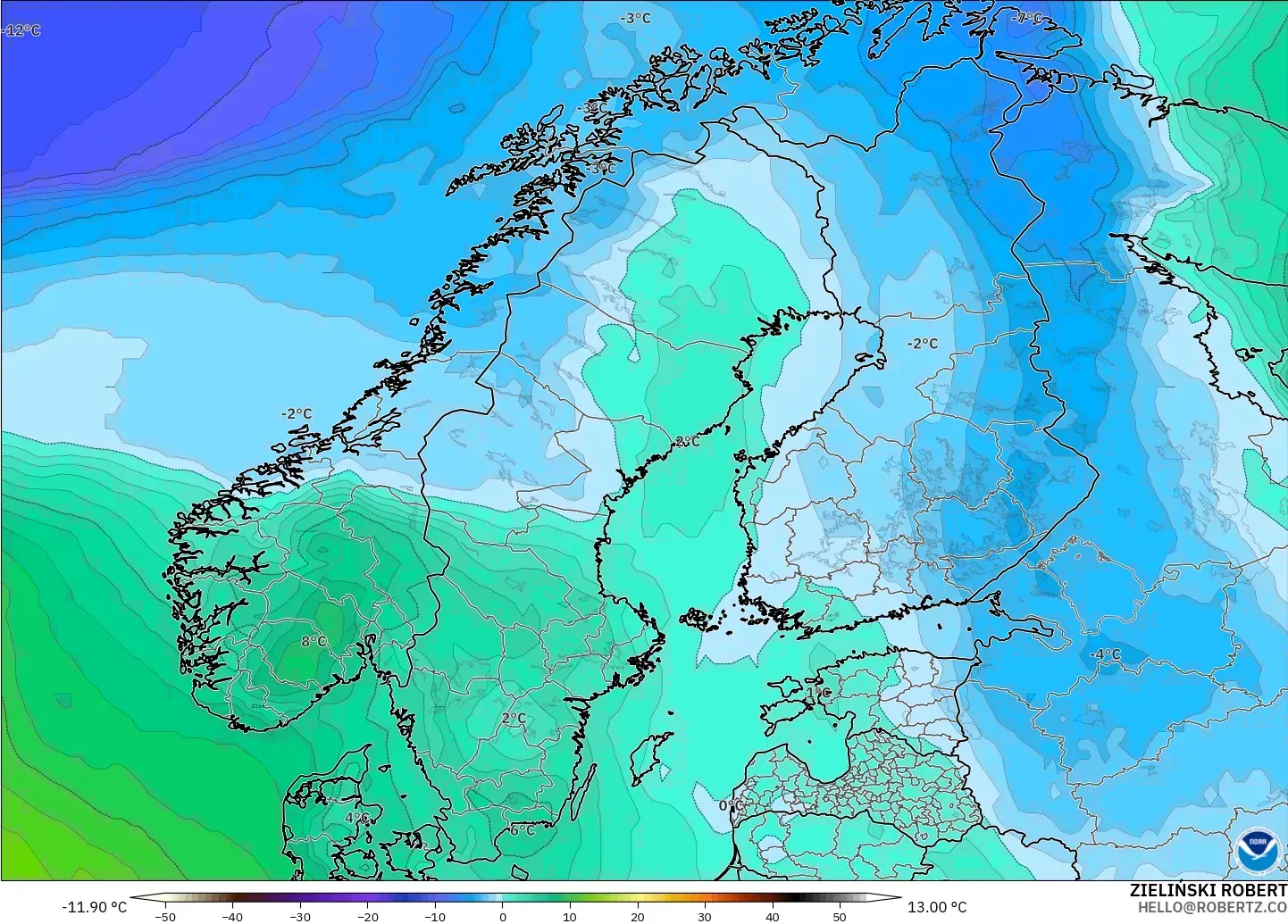 GFS modelo - Escandinavia, Temperatura a 850 hPa