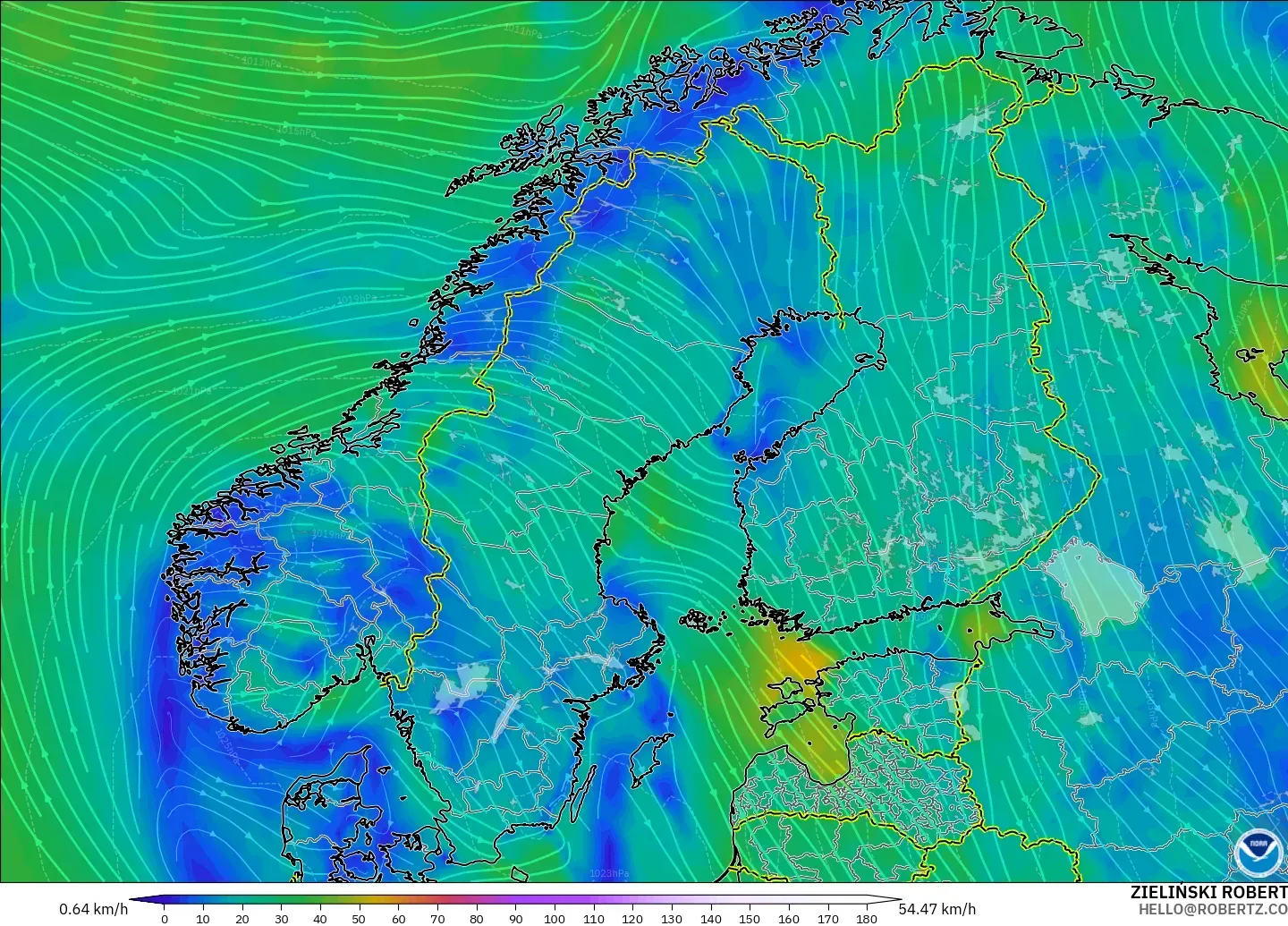 GFS modelo - Escandinavia, Viento a 10 m