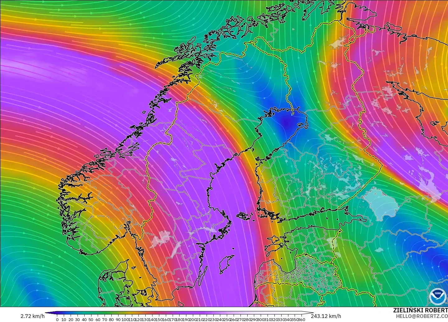 GFS modelo - Escandinavia, Viento a 300 hPa (corriente en chorro)