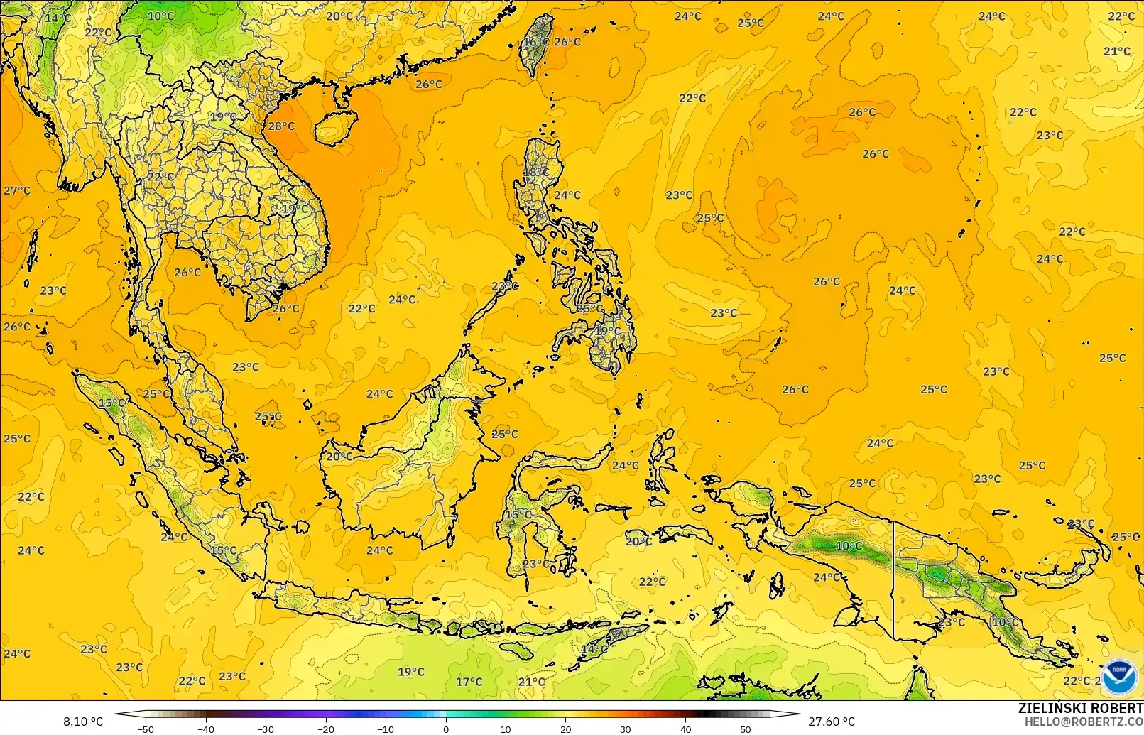 GFS modelo - Sudeste Asiático, Punto de rocío a 2 m