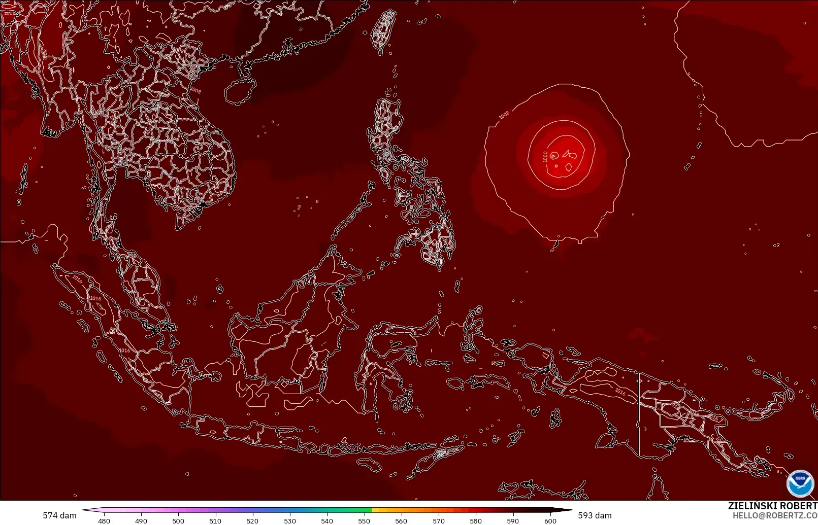 GFS modelo - Sudeste Asiático, Altura geopotencial a 500 hPa