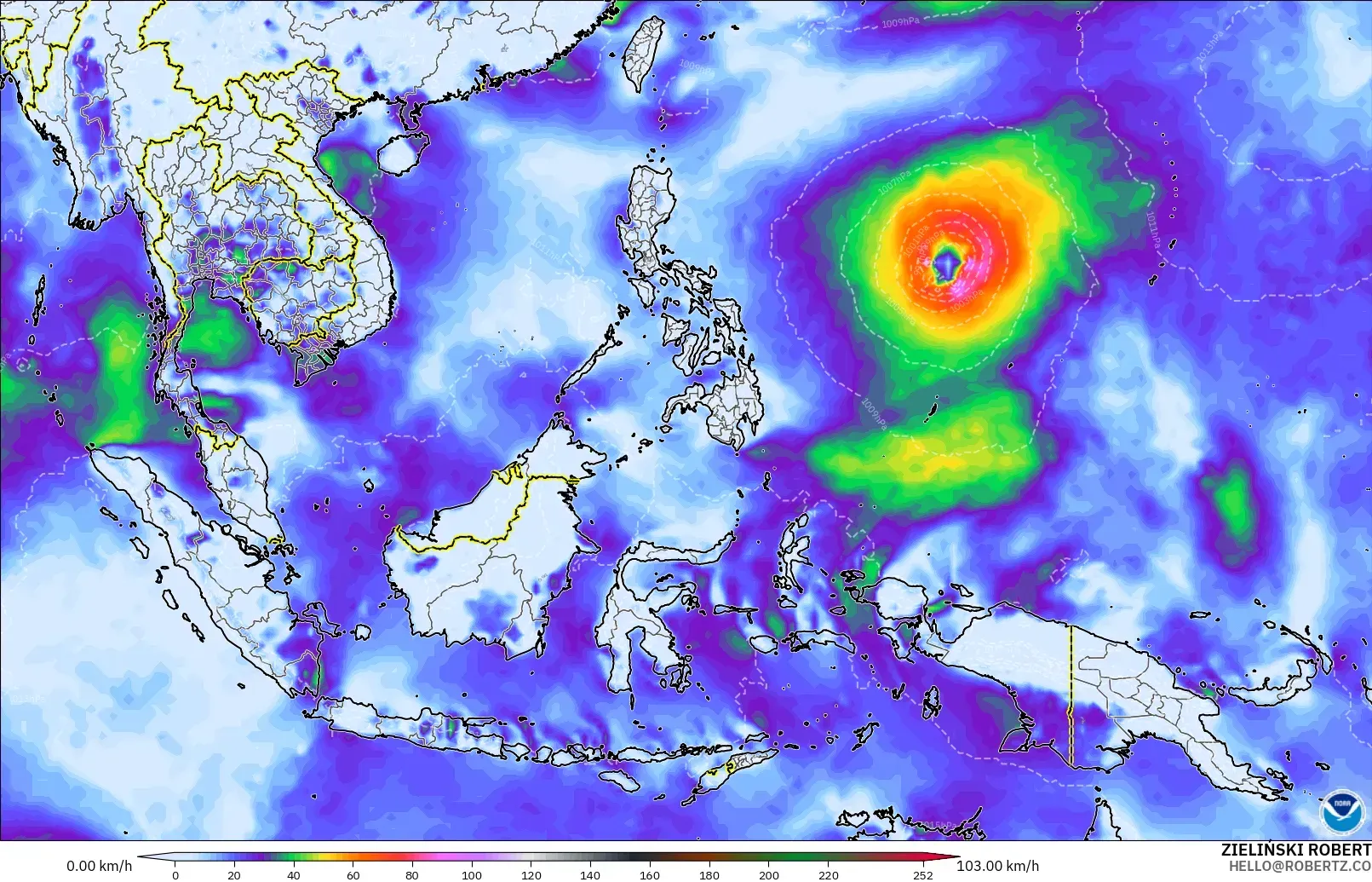 GFS modelo - Sudeste Asiático, Ráfagas de Viento Máximas