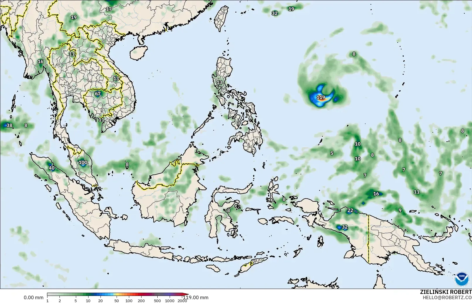 GFS modelo - Sudeste Asiático, Acumulación de precipitación