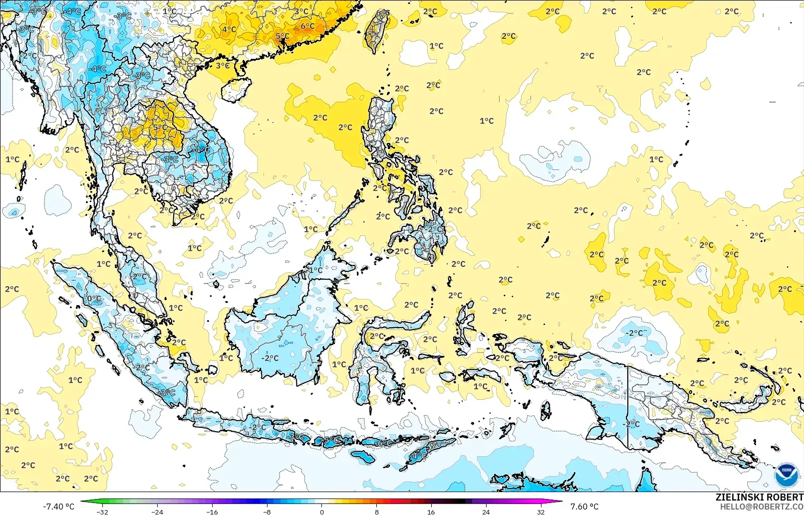 GFS modelo - Sudeste Asiático, Anomalía de temperatura a 2 m