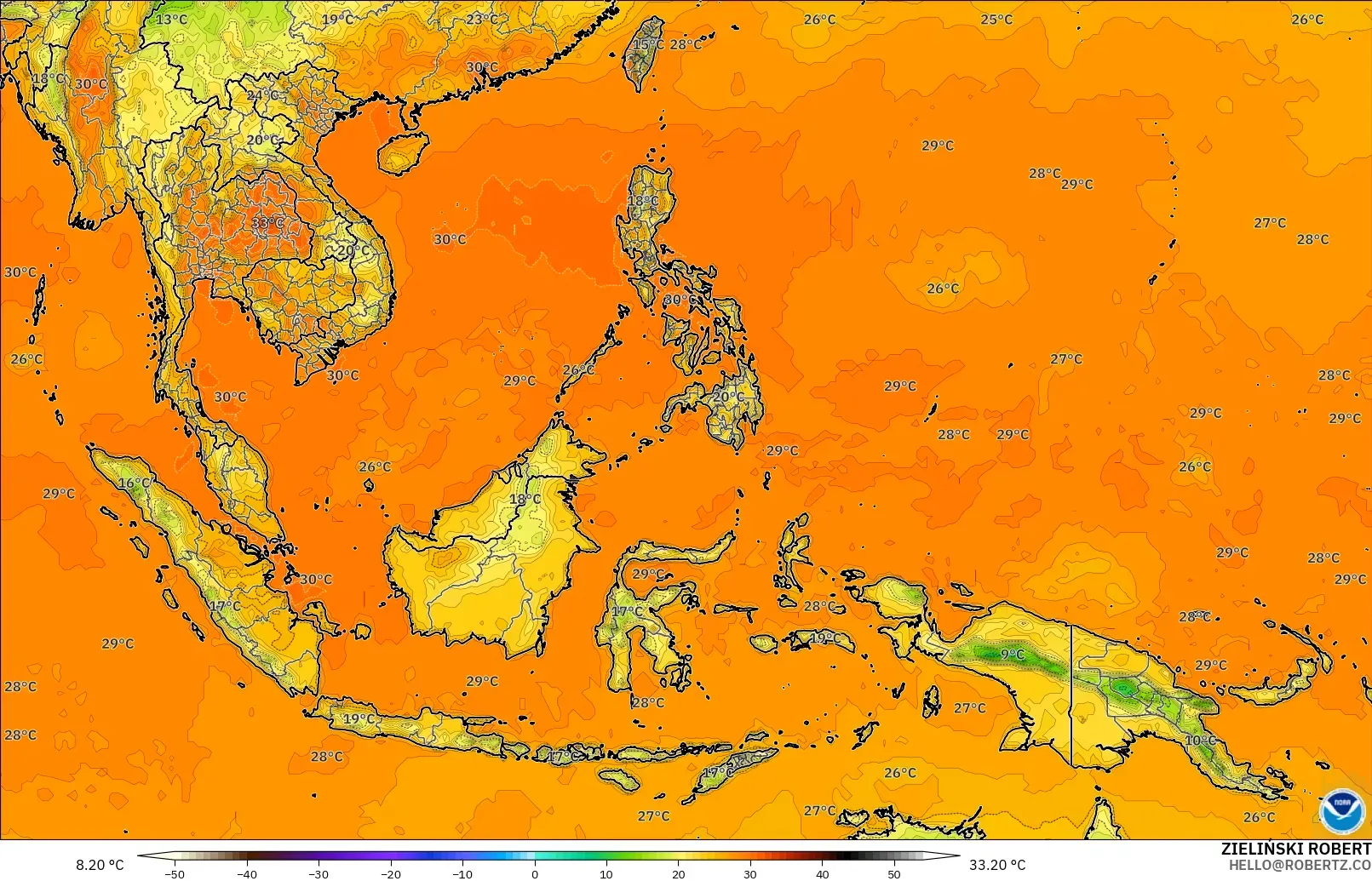 GFS modelo - Sudeste Asiático, Temperatura a 2 m