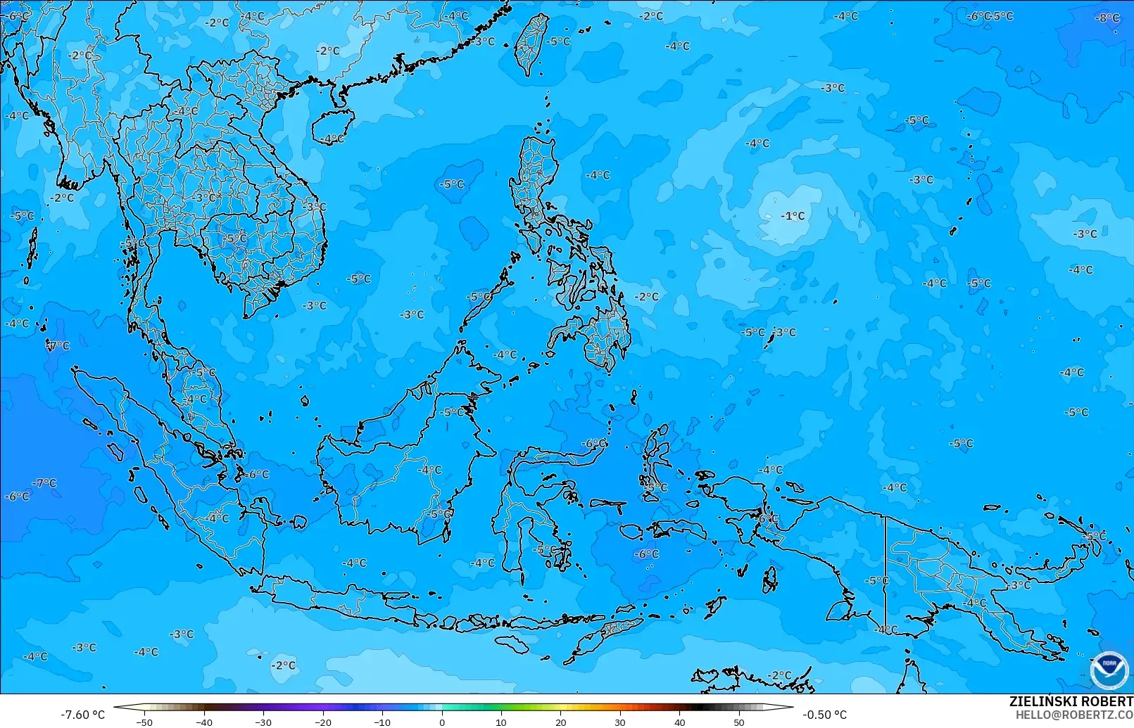 GFS modelo - Sudeste Asiático, Temperatura a 500 hPa