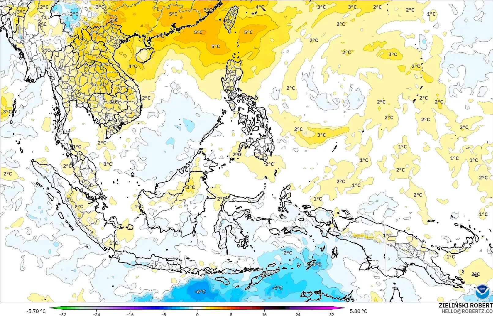 GFS modelo - Sudeste Asiático, Anomalía de temperatura a 850 hPa