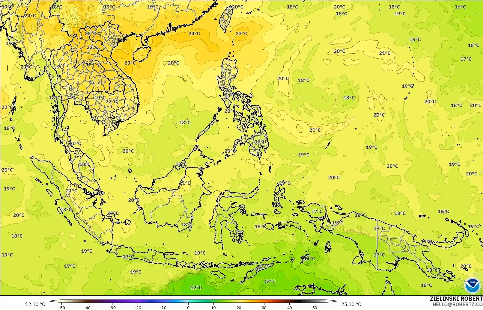 GFS modelo - Sudeste Asiático, Temperatura a 850 hPa