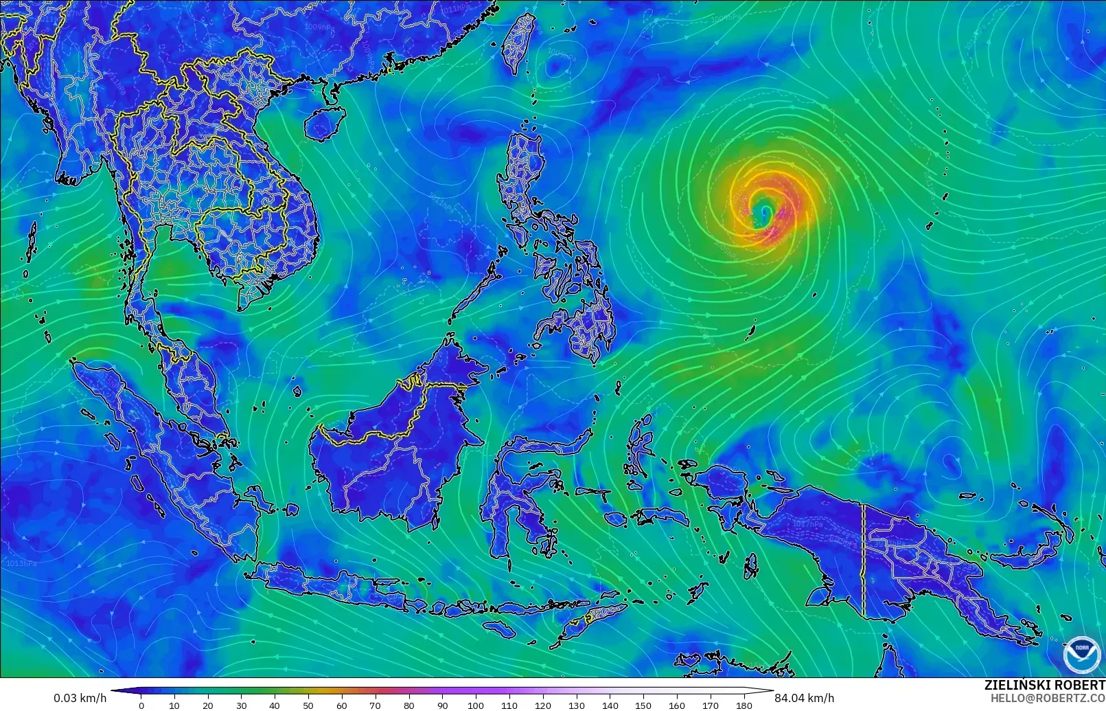 GFS modelo - Sudeste Asiático, Viento a 10 m