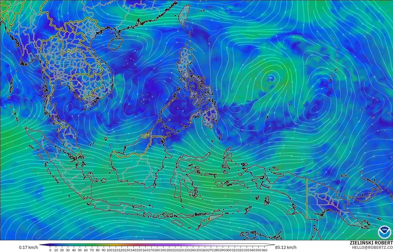 GFS modelo - Sudeste Asiático, Viento a 300 hPa (corriente en chorro)
