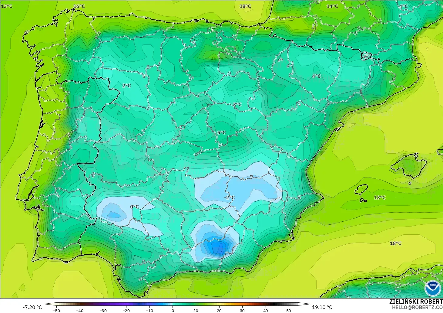 GFS modelo - España, Punto de rocío a 2 m