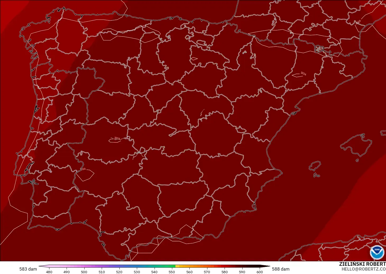 GFS modelo - España, Altura geopotencial a 500 hPa