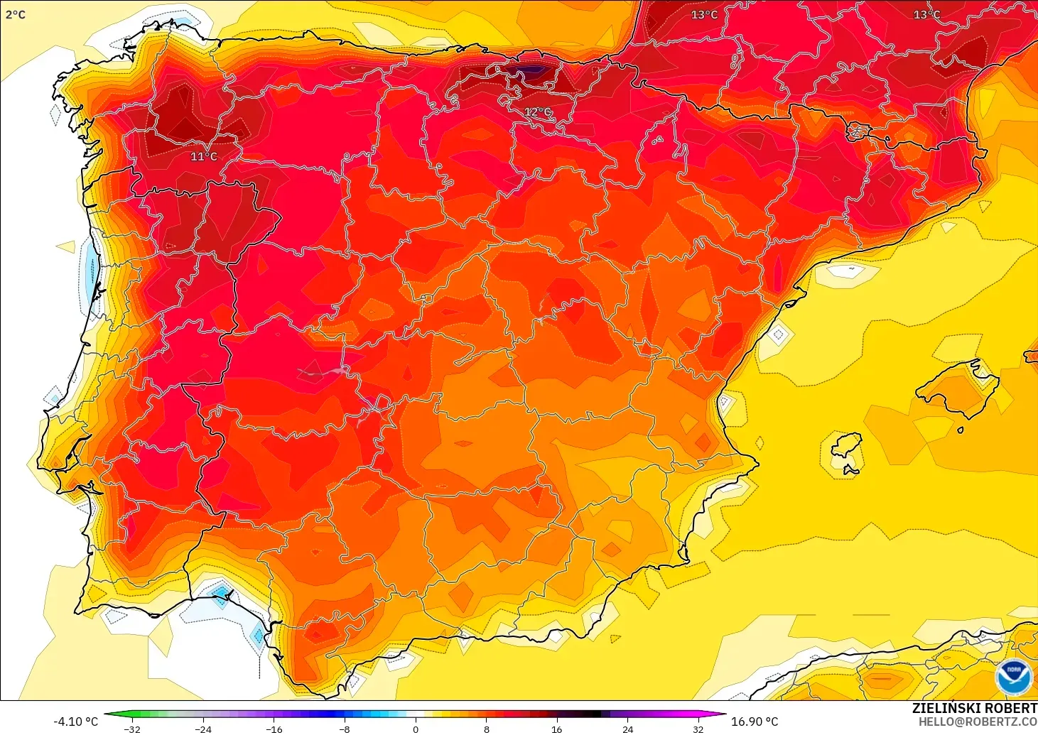 GFS modelo - España, Anomalía de temperatura a 2 m