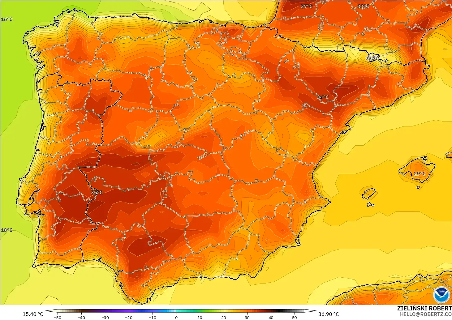 GFS modelo - España, Temperatura a 2 m