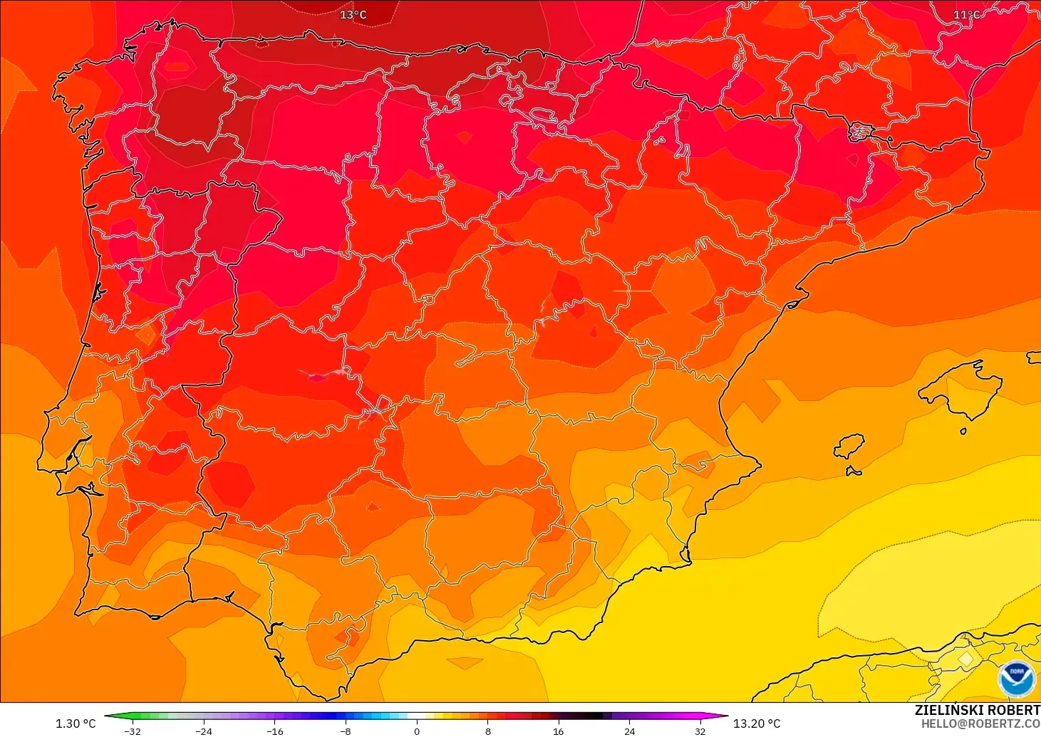 GFS modelo - España, Anomalía de temperatura a 850 hPa
