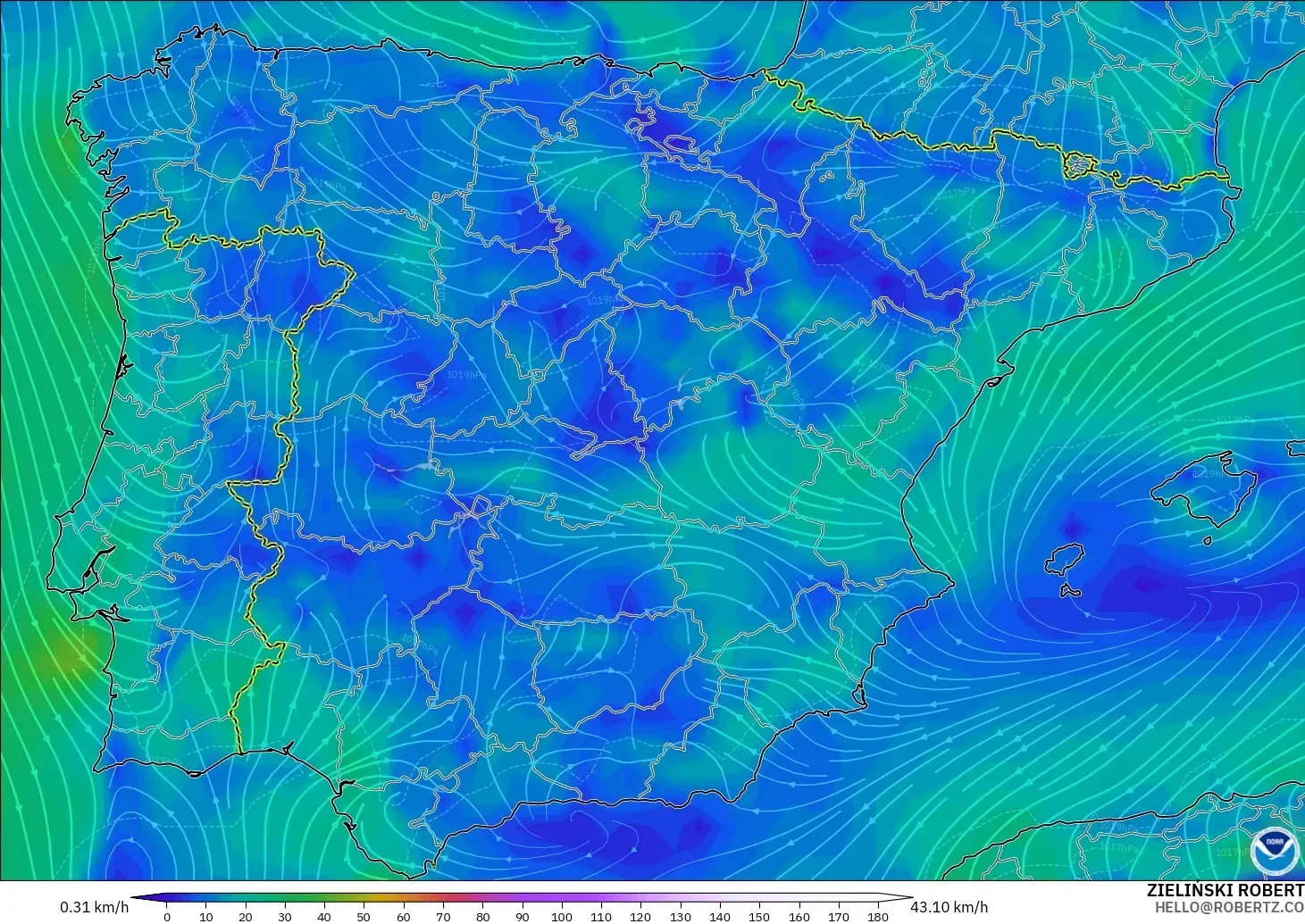 GFS modelo - España, Viento a 10 m