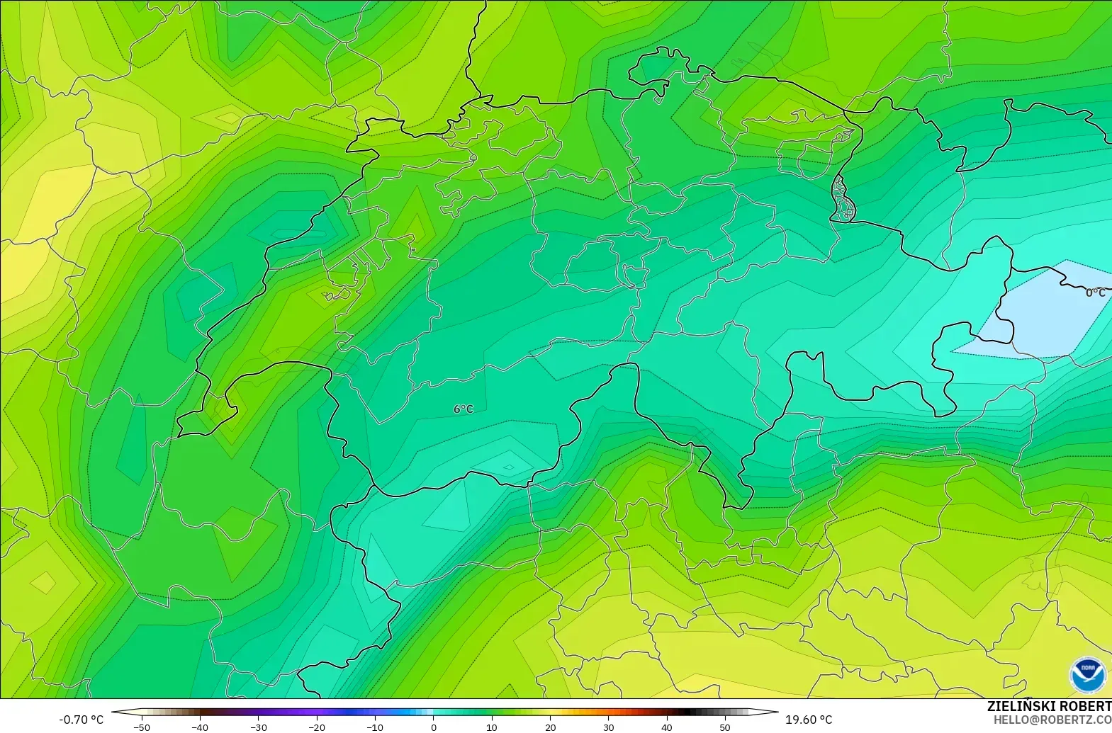 GFS modelo - Suiza, Punto de rocío a 2 m
