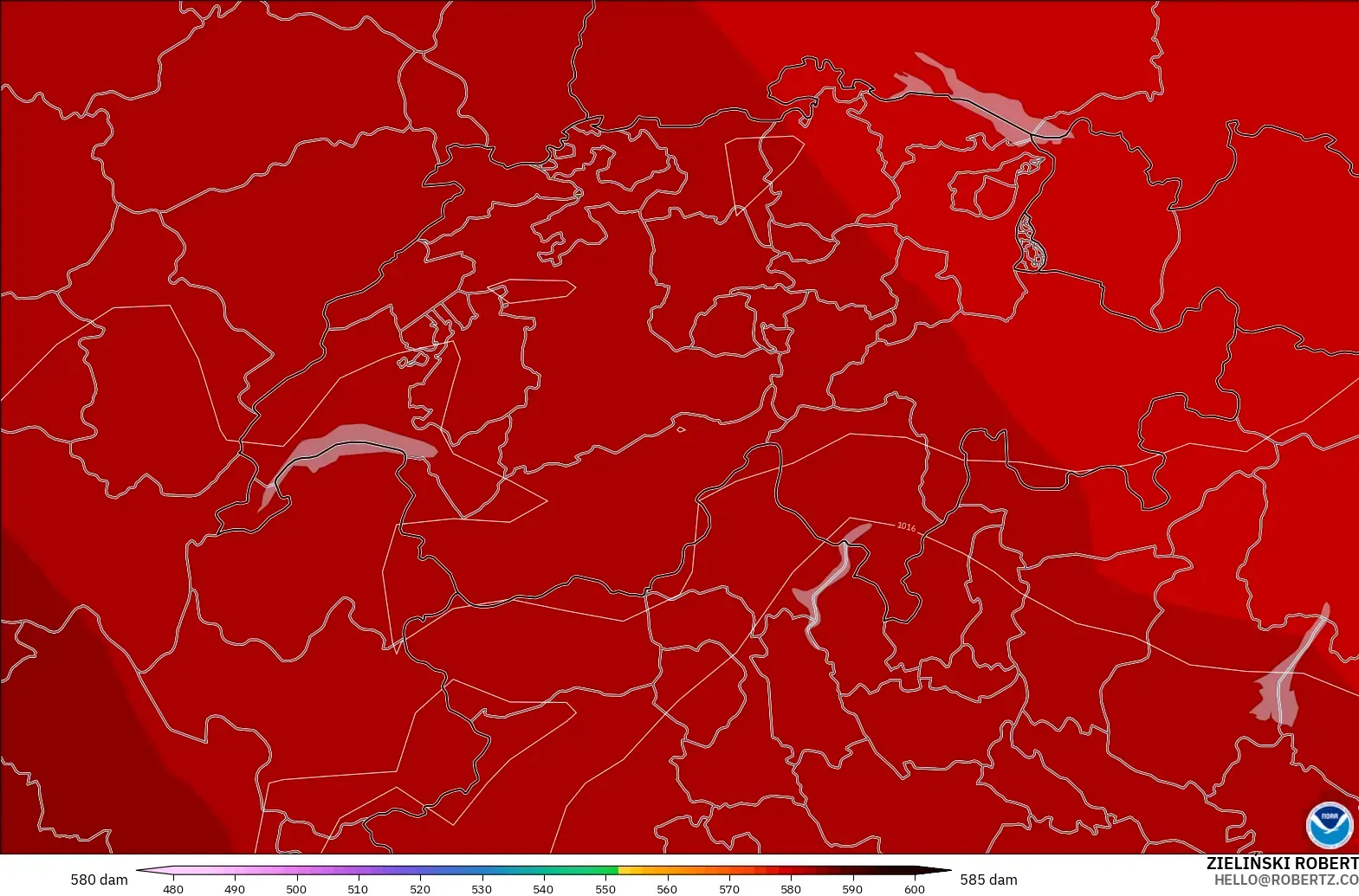 GFS modelo - Suiza, Altura geopotencial a 500 hPa