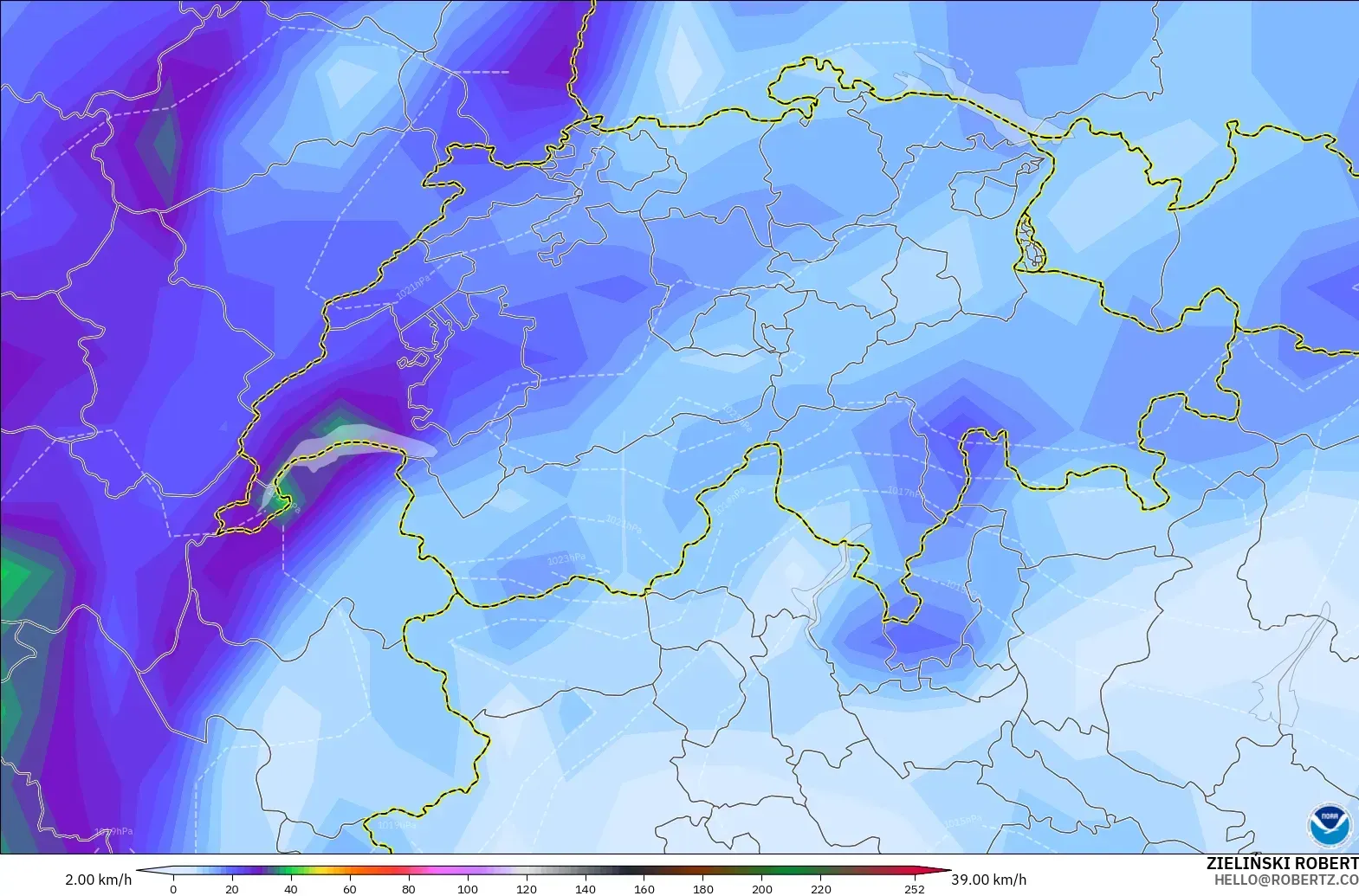 GFS modelo - Suiza, Ráfagas de viento