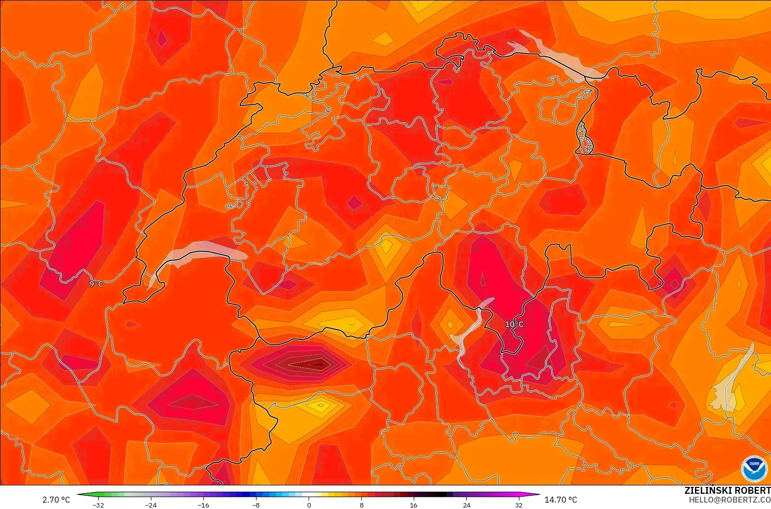 GFS modelo - Suiza, Anomalía de temperatura a 2 m
