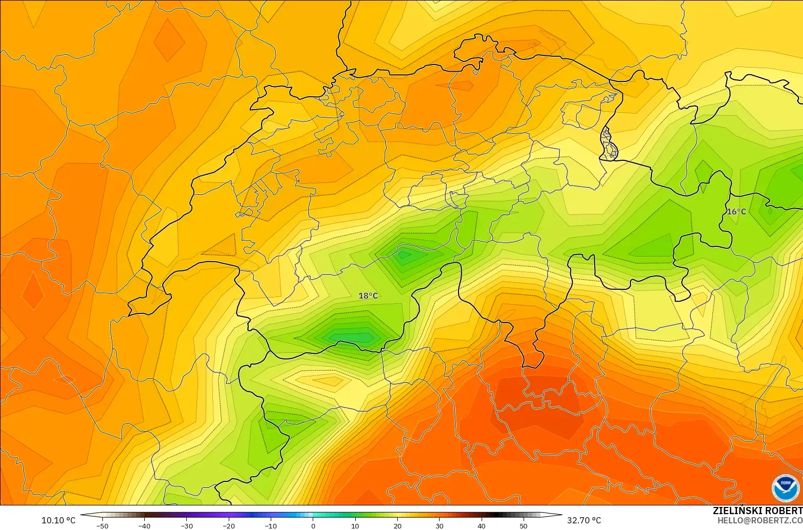 GFS modelo - Suiza, Temperatura a 2 m