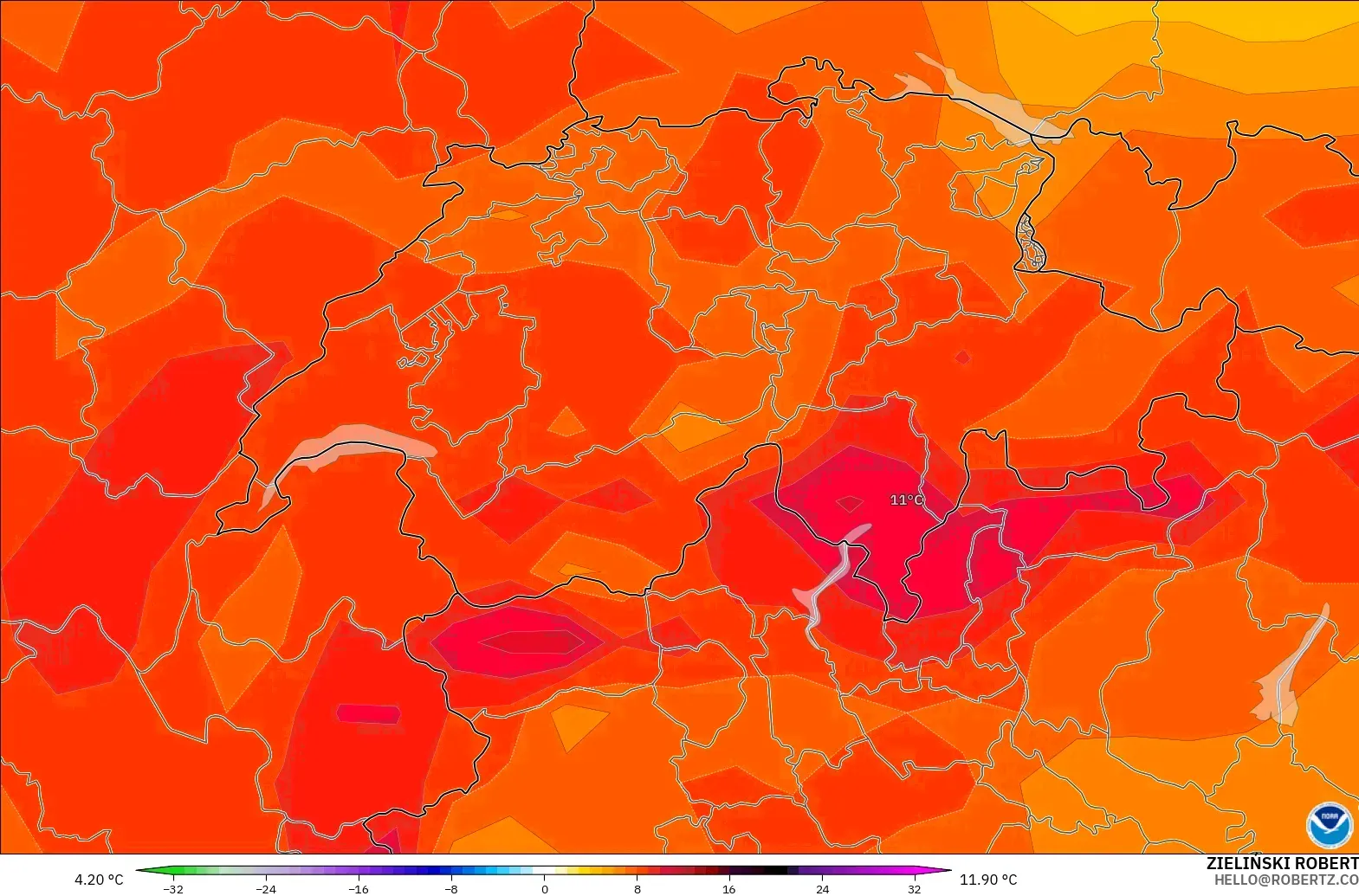 GFS modelo - Suiza, Anomalía de temperatura a 850 hPa