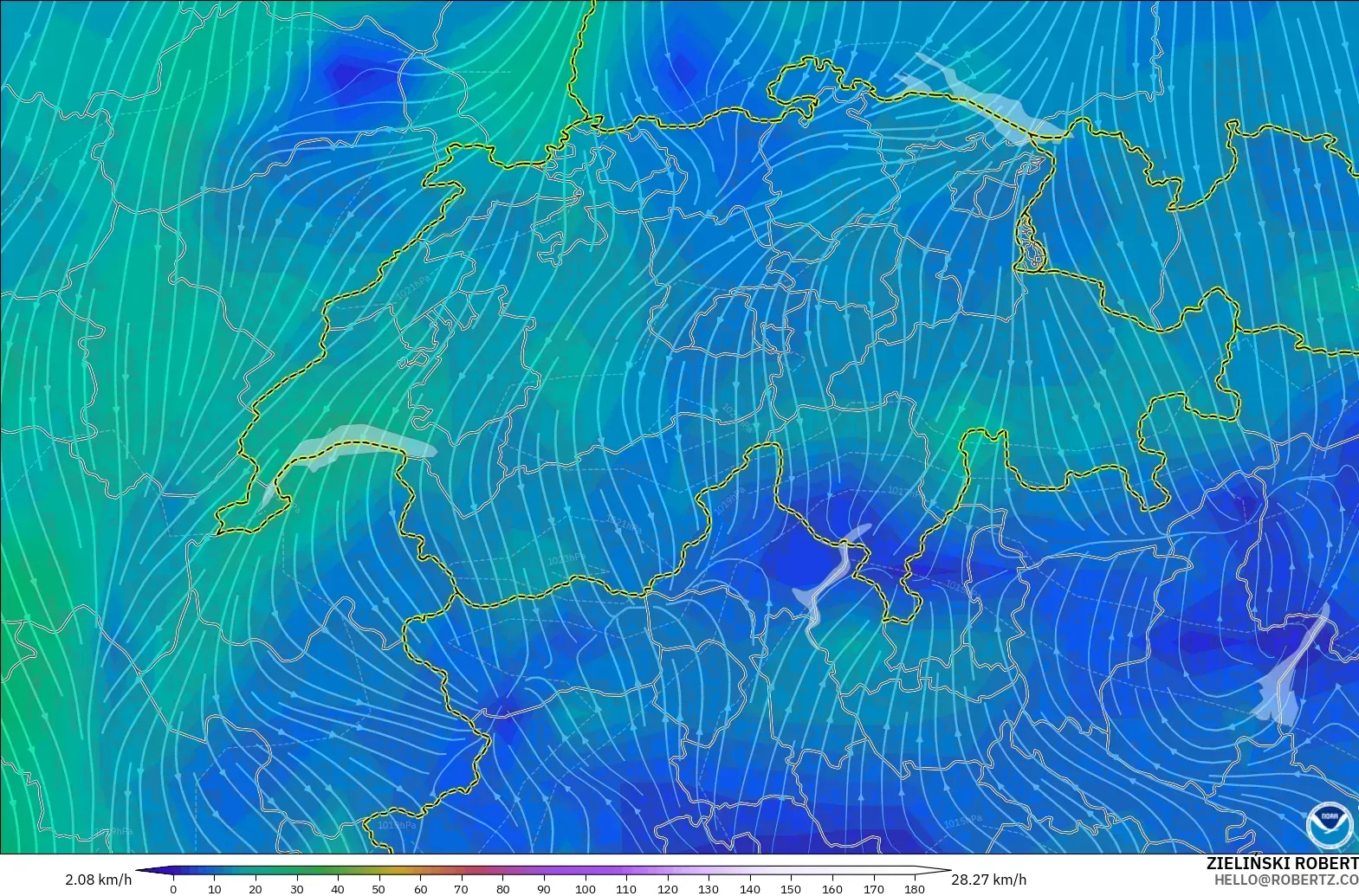 GFS modelo - Suiza, Viento a 10 m