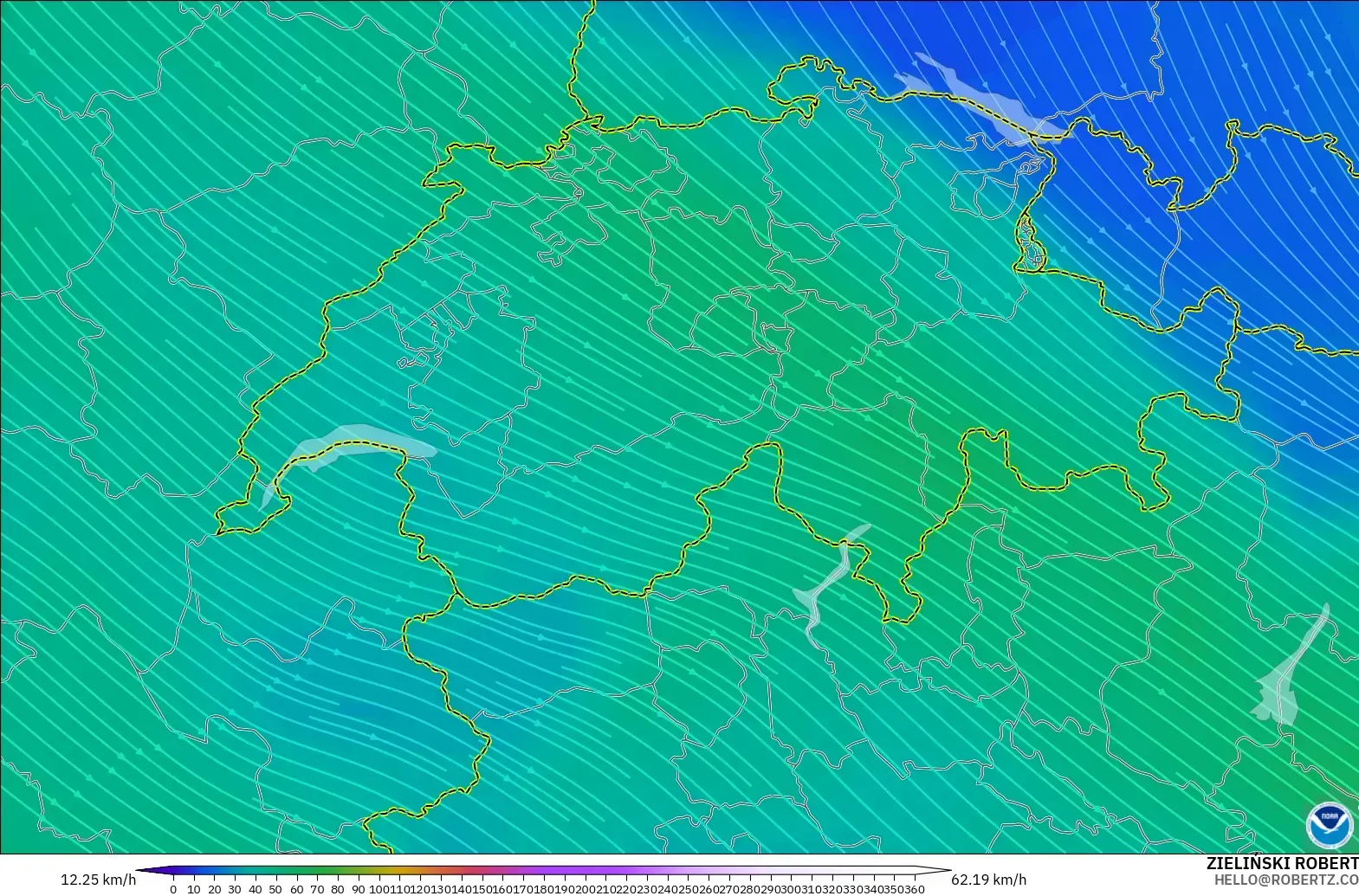 GFS modelo - Suiza, Viento a 300 hPa (corriente en chorro)