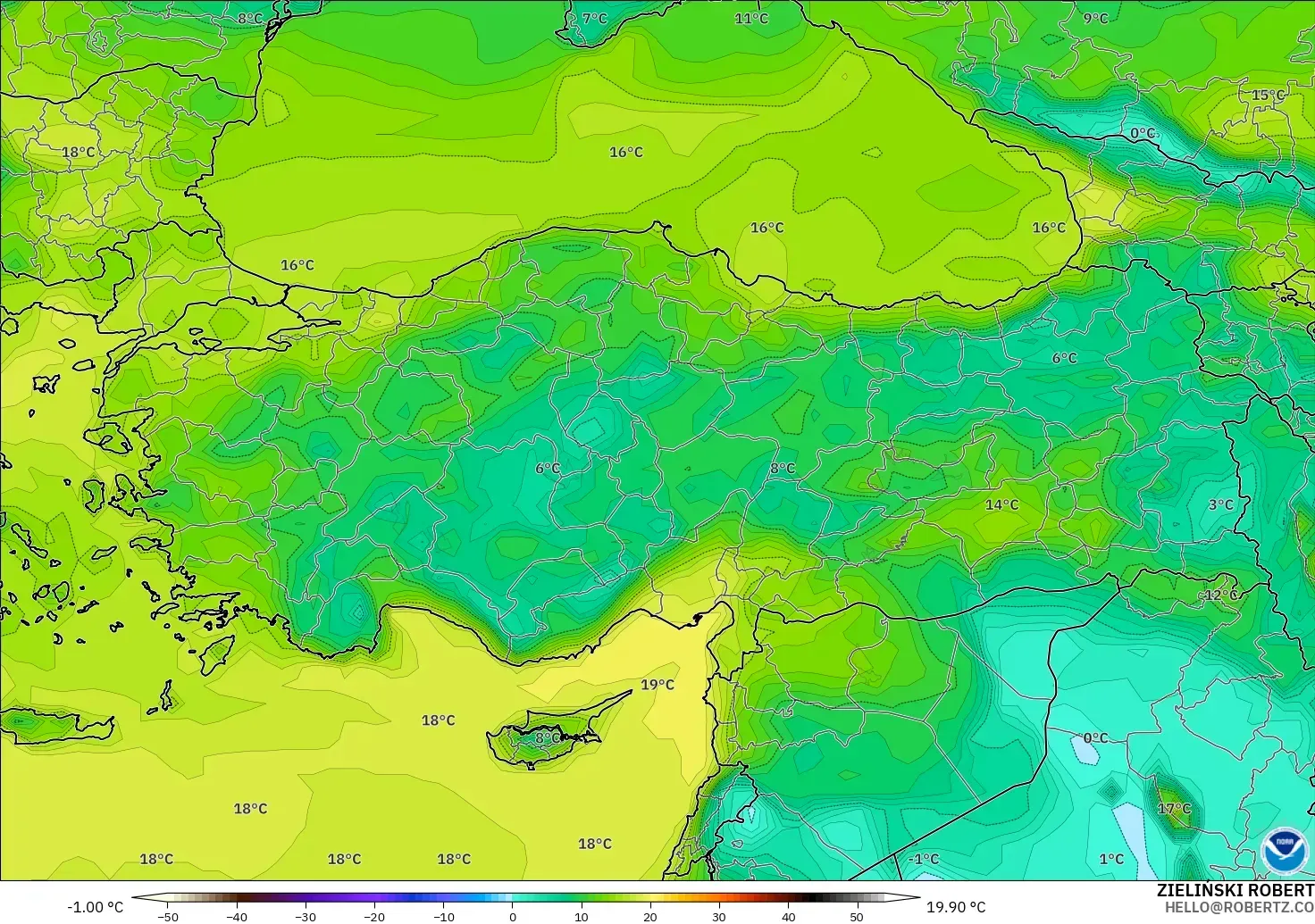 GFS modelo - Turquía, Punto de rocío a 2 m