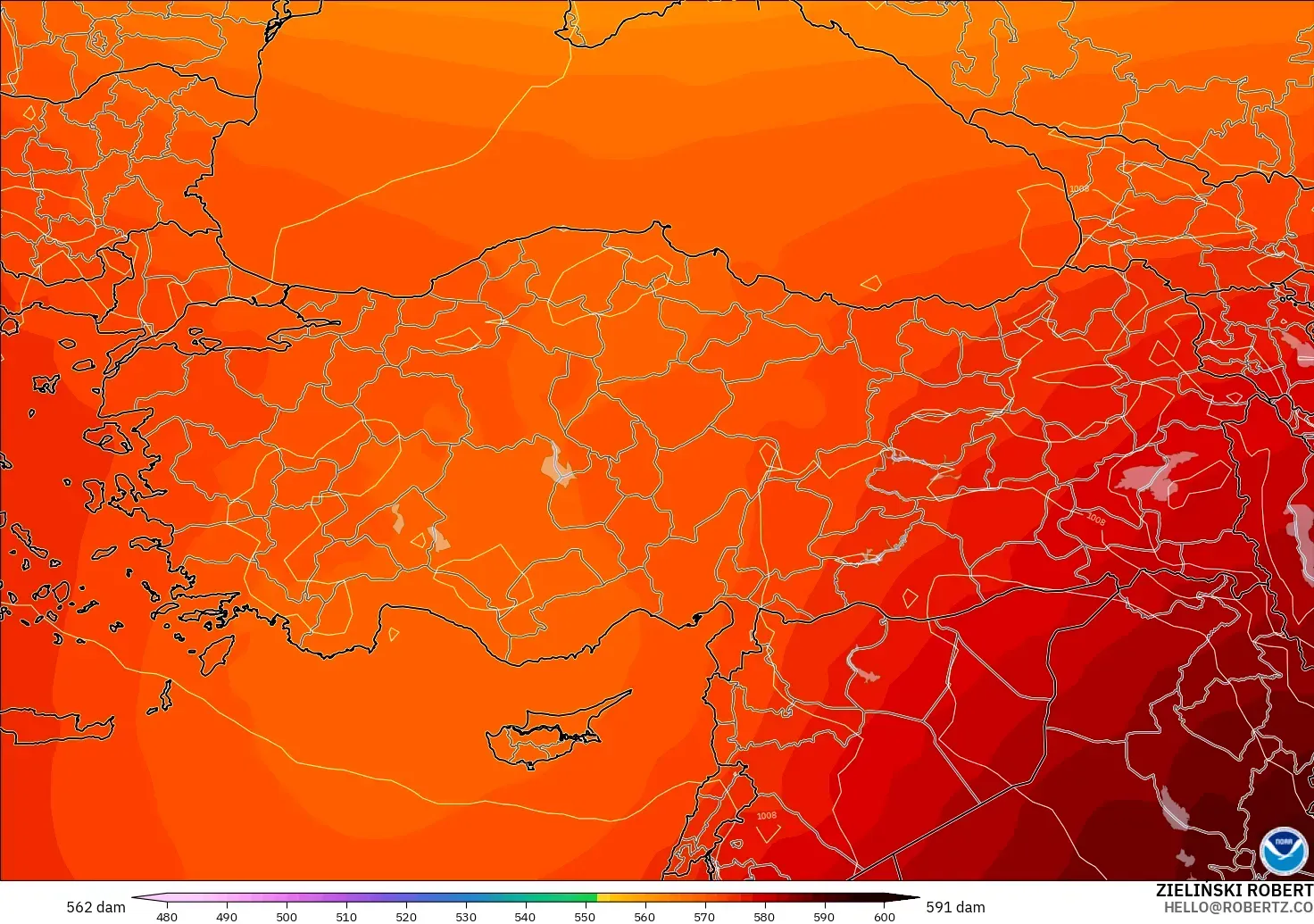 GFS modelo - Turquía, Altura geopotencial a 500 hPa