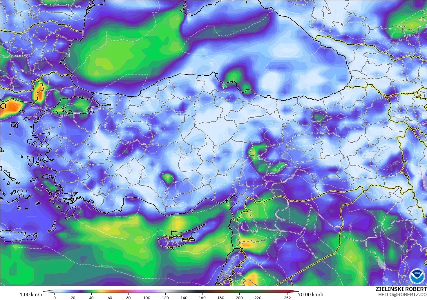 GFS modelo - Turquía, Ráfagas de viento