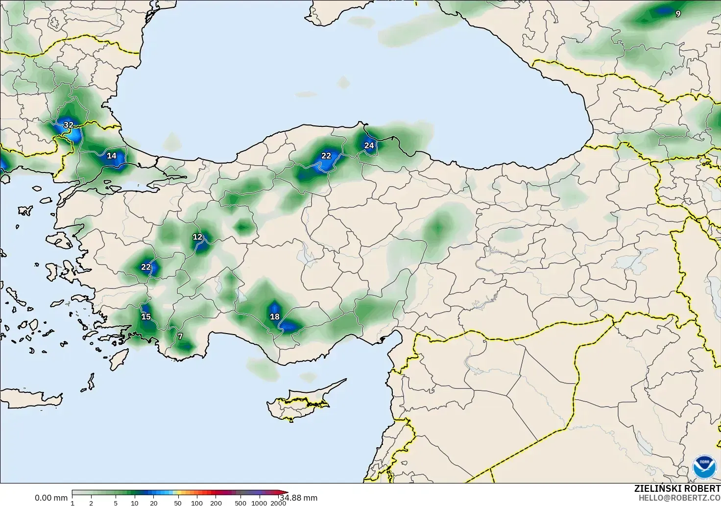 GFS modelo - Turquía, Acumulación de precipitación
