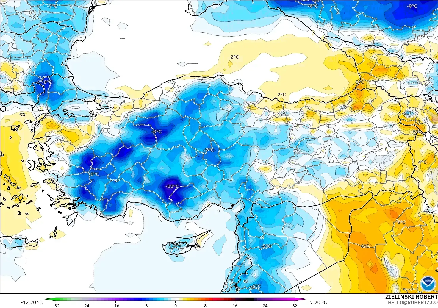 GFS modelo - Turquía, Anomalía de temperatura a 2 m