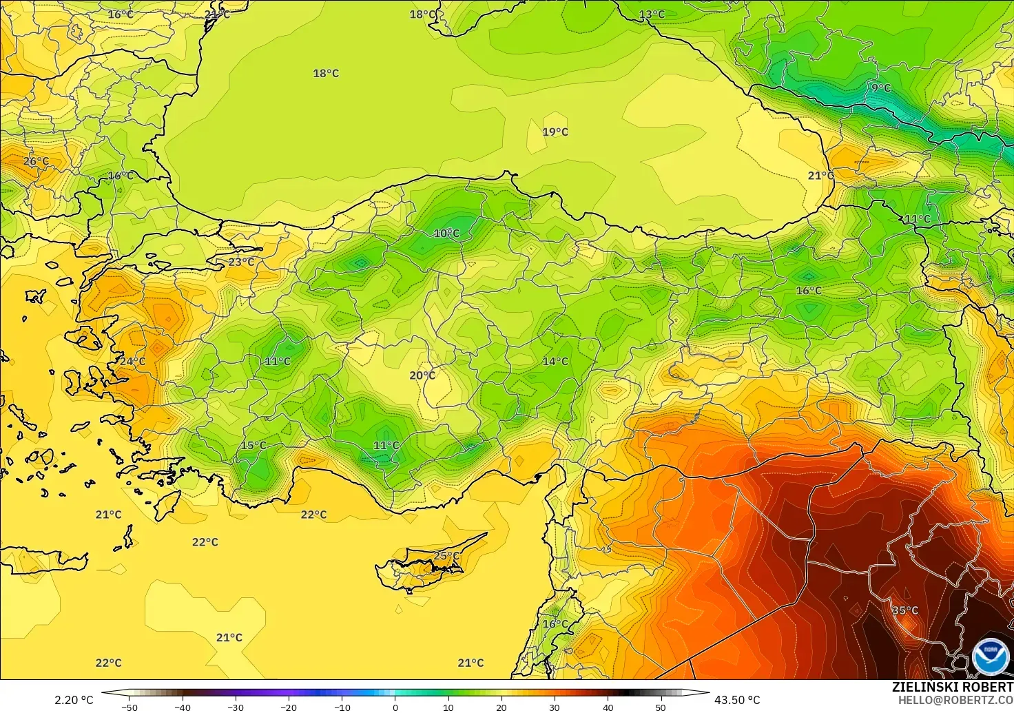 GFS modelo - Turquía, Temperatura a 2 m