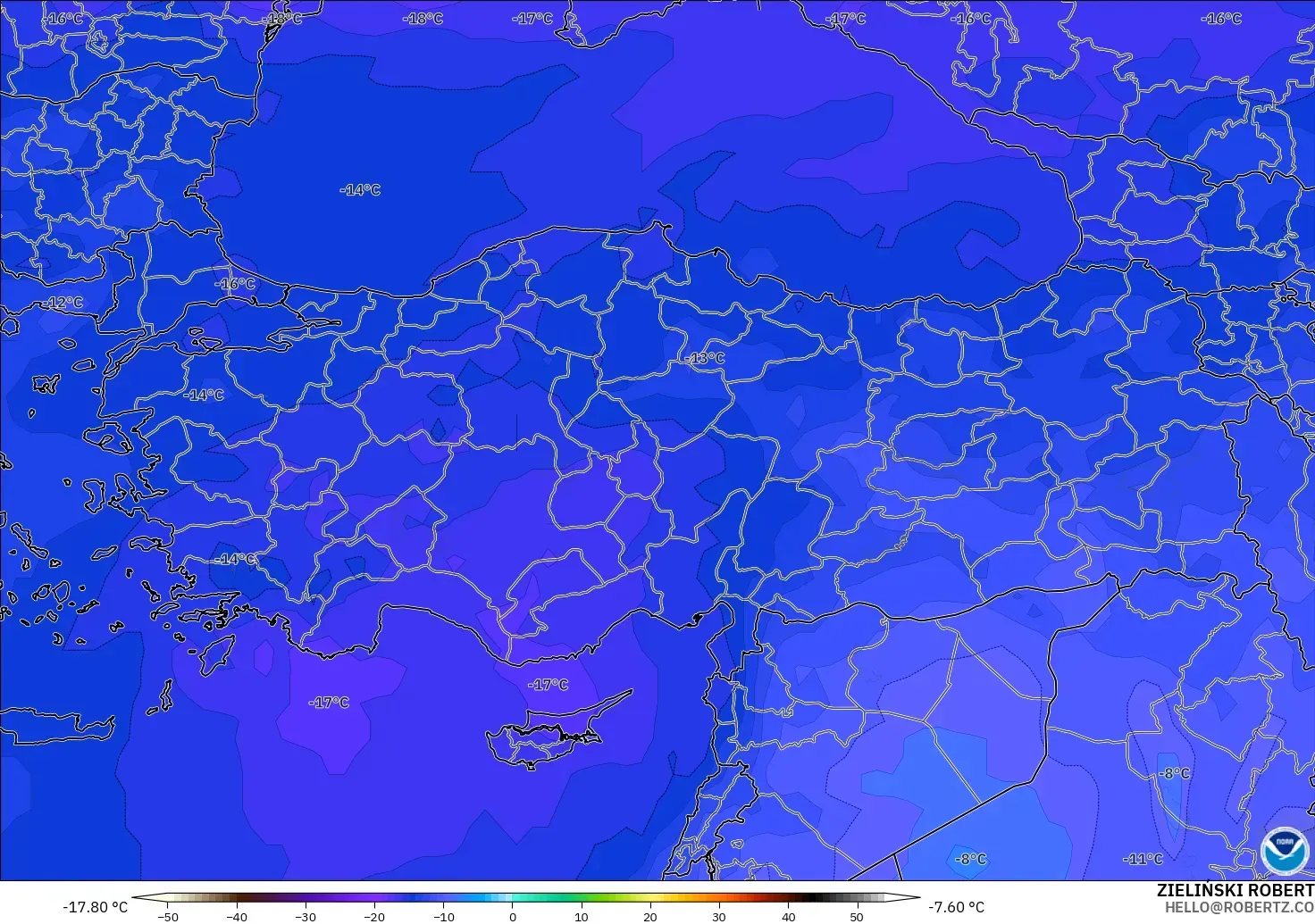 GFS modelo - Turquía, Temperatura a 500 hPa