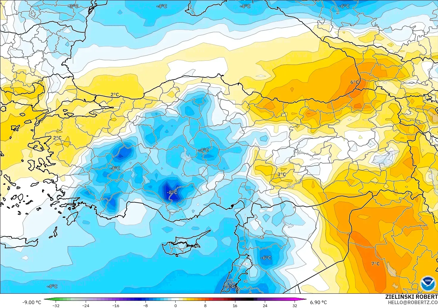 GFS modelo - Turquía, Anomalía de temperatura a 850 hPa