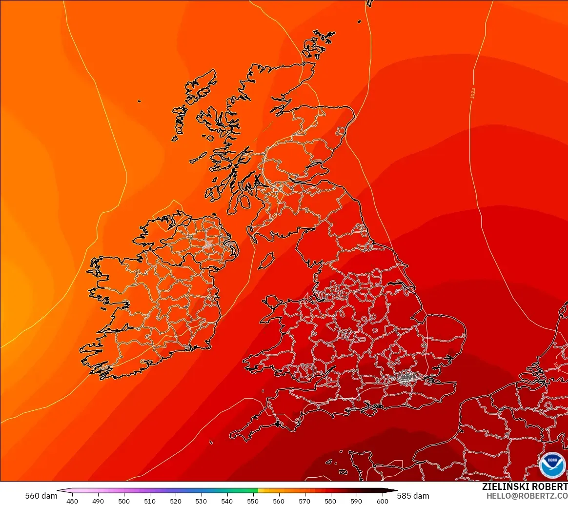 GFS modelo - Reino Unido, Altura geopotencial a 500 hPa