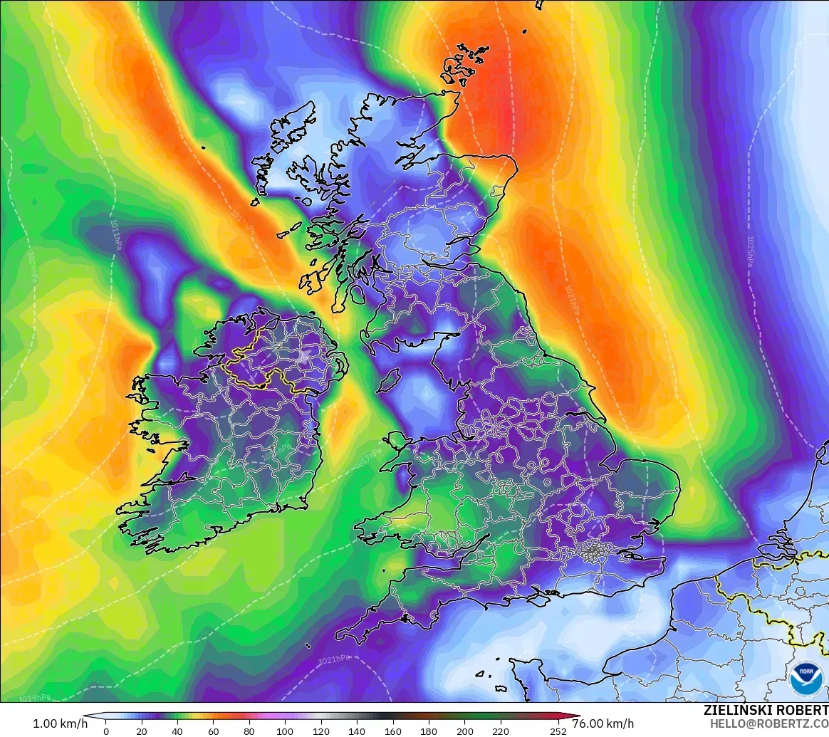 GFS modelo - Reino Unido, Ráfagas de Viento Máximas